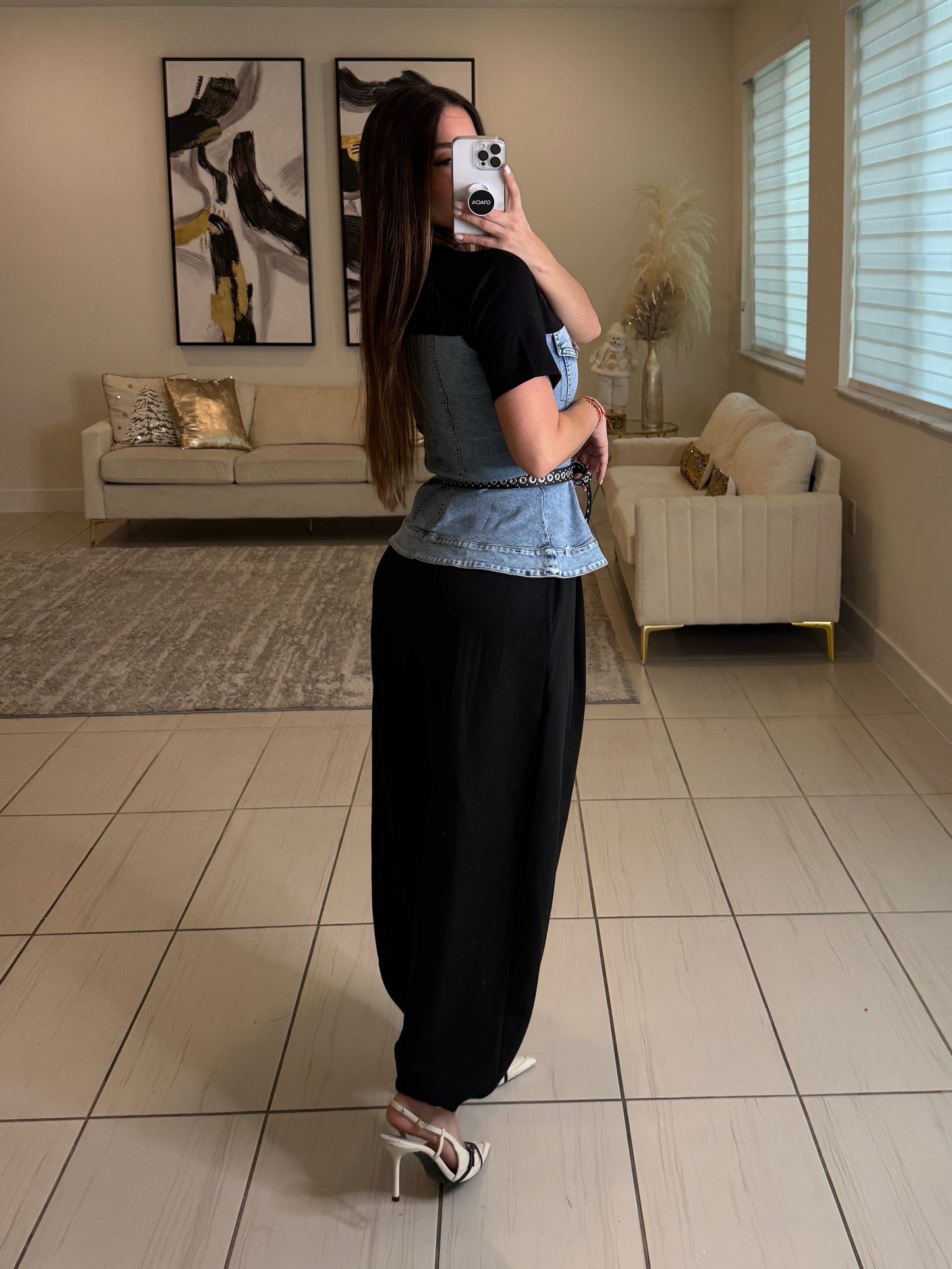 Draped Contrast Black and Denim Top