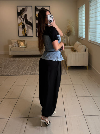 Draped Contrast Black and Denim Top