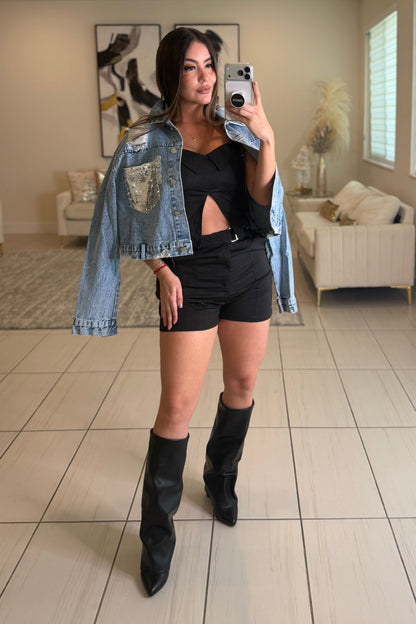 Power Poise Belted Black Short Set