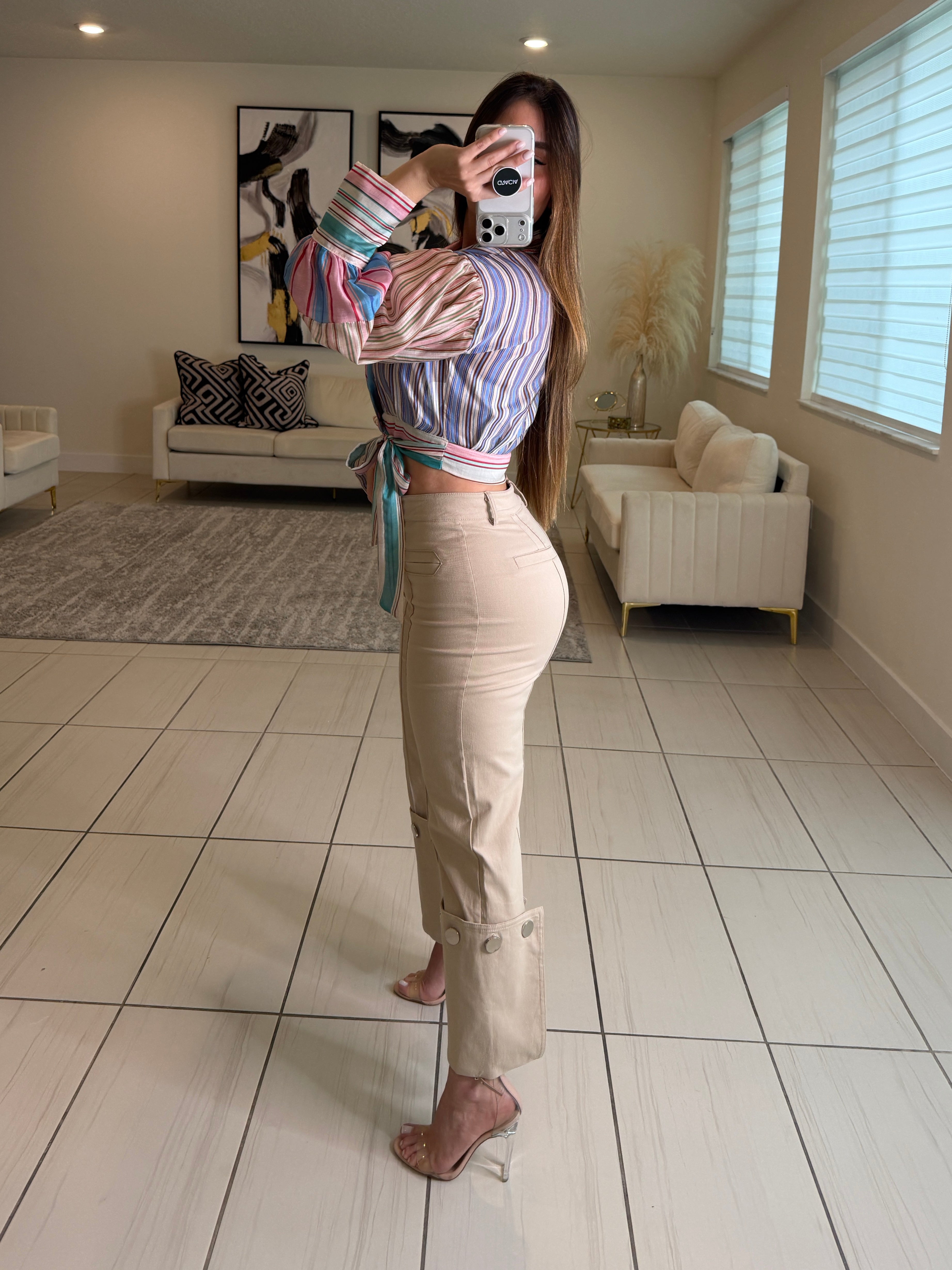 Stunning Silver Buttons Beige Pants