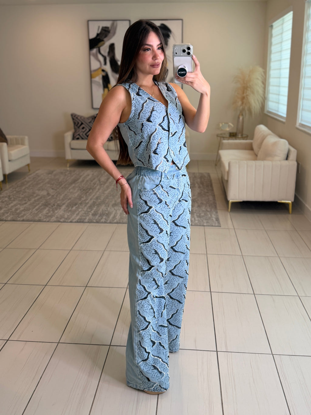 Perfect Sequin Details Denim Pant Set