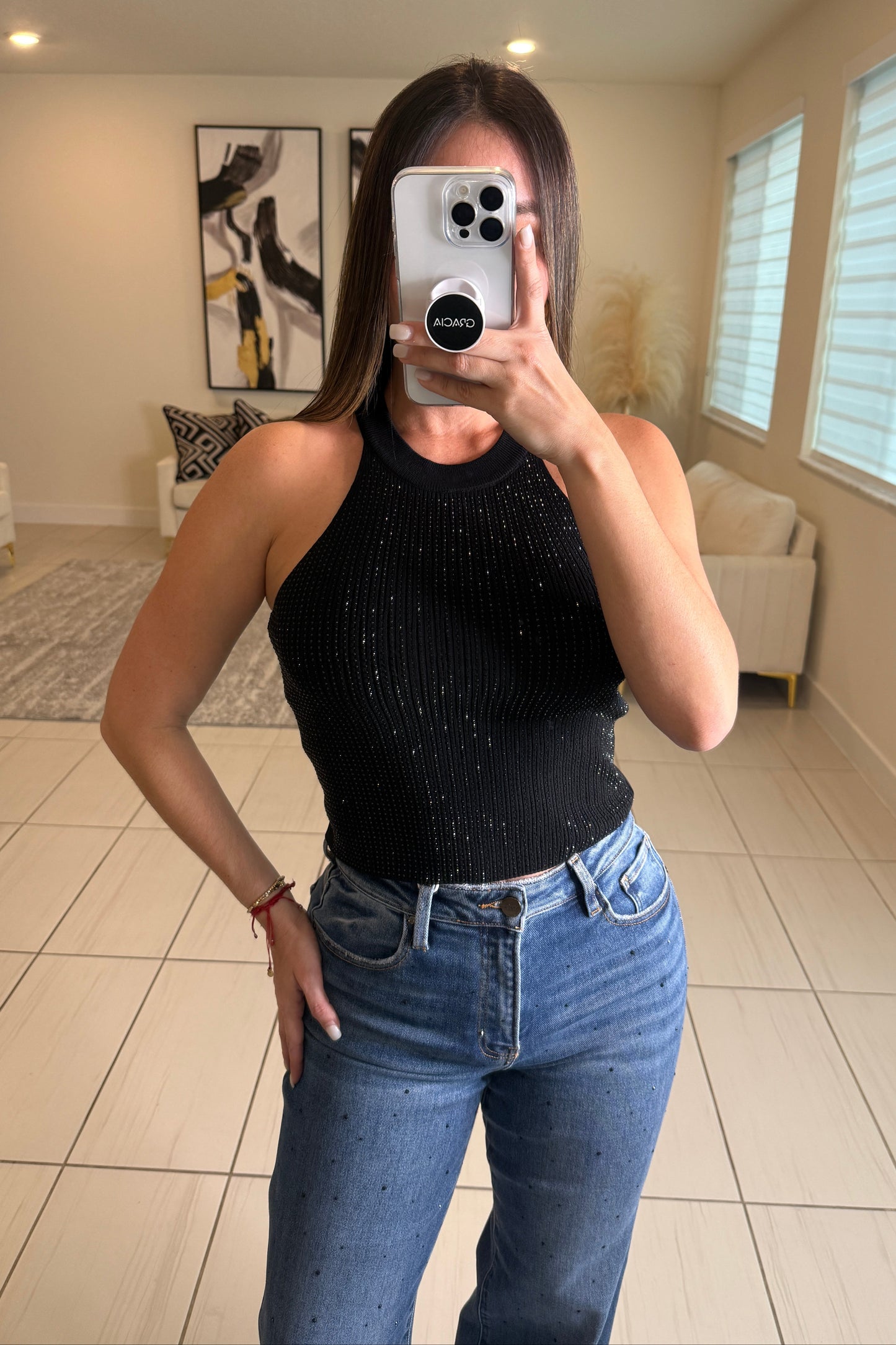 Shine Effect Knit Black Top