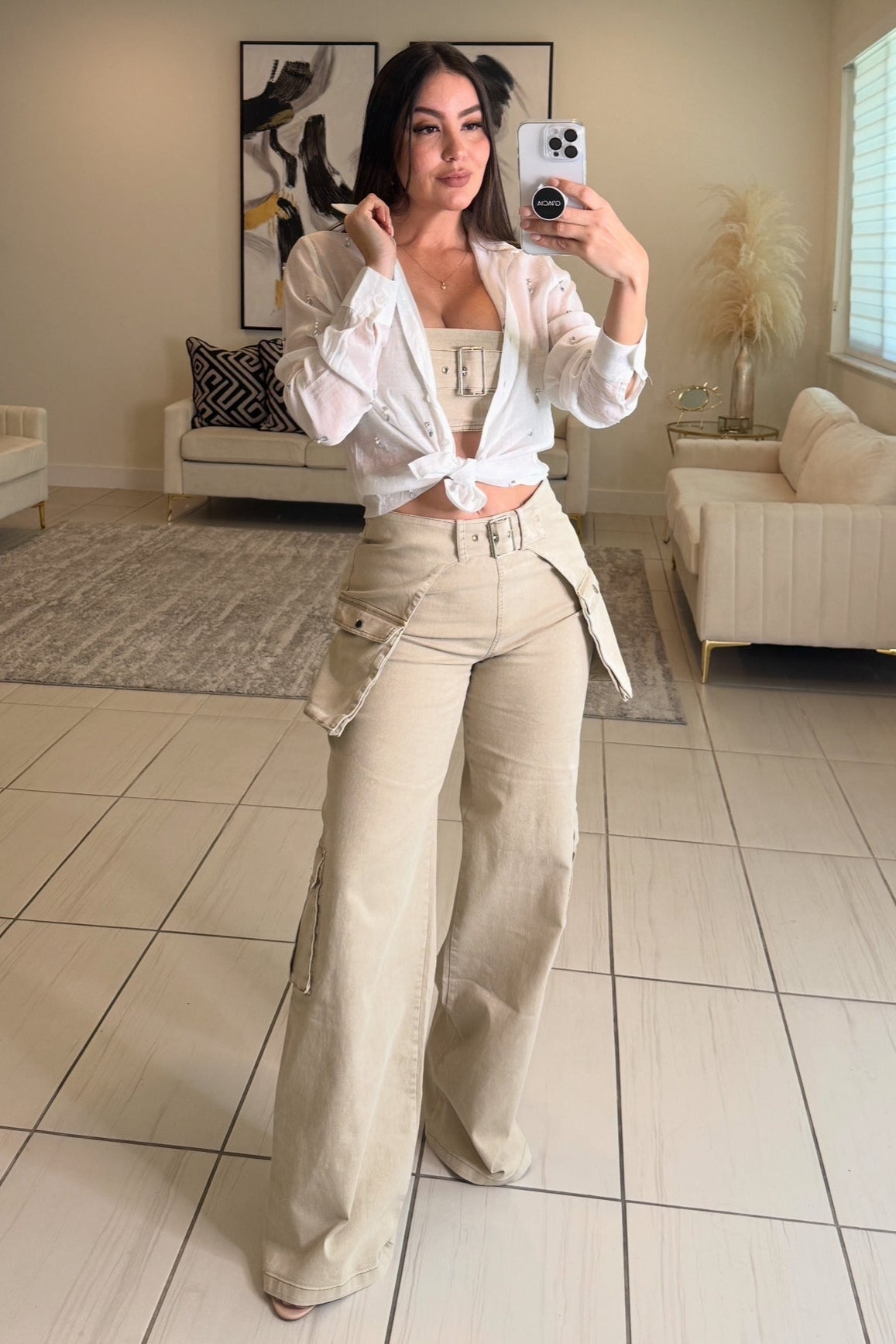 Buckle Motif Denim Cargo Beige Pants Set