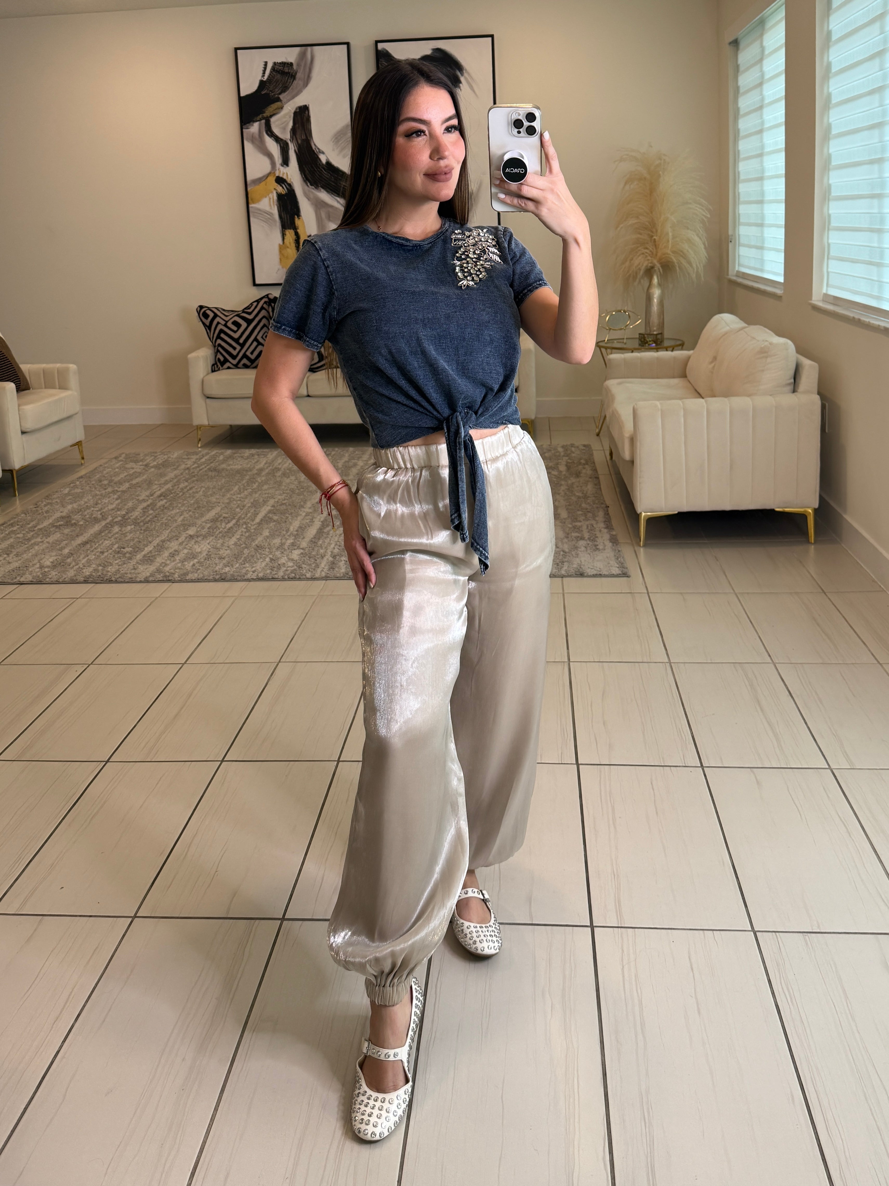 Silver Flowers Blue Top