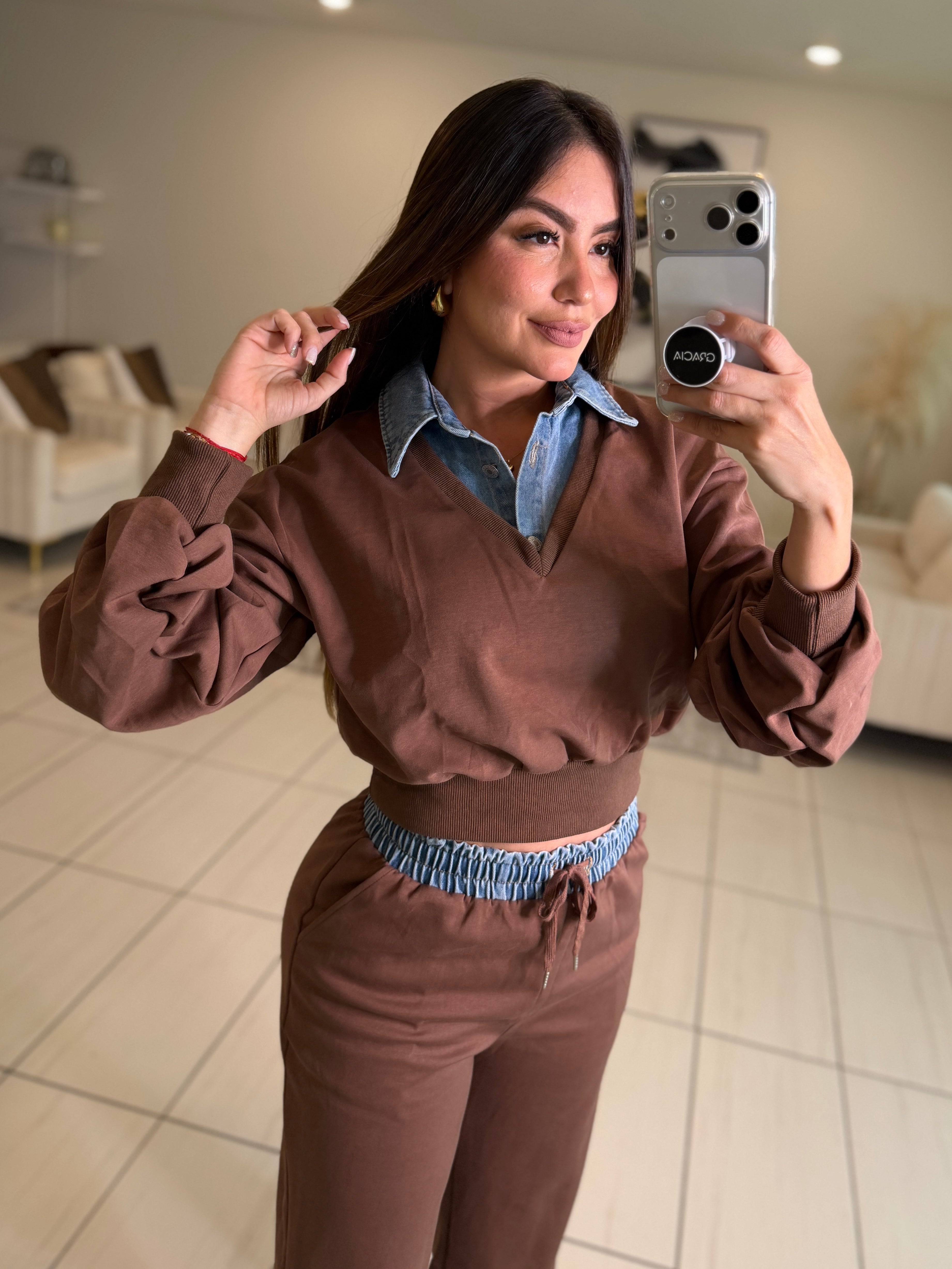 Divine Brown and Denim Contrast Pant Set
