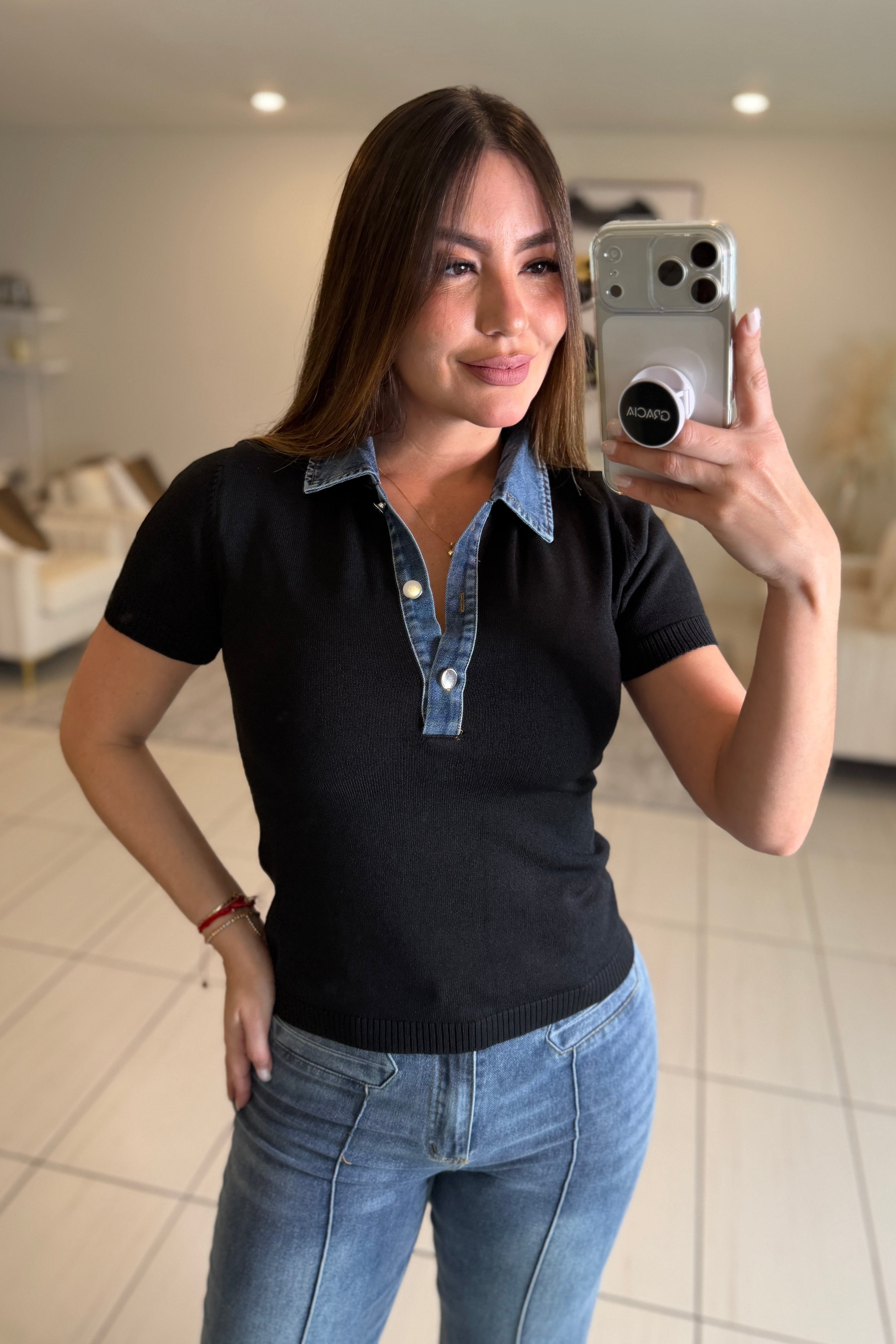Favorite Contrast Knit Black Top