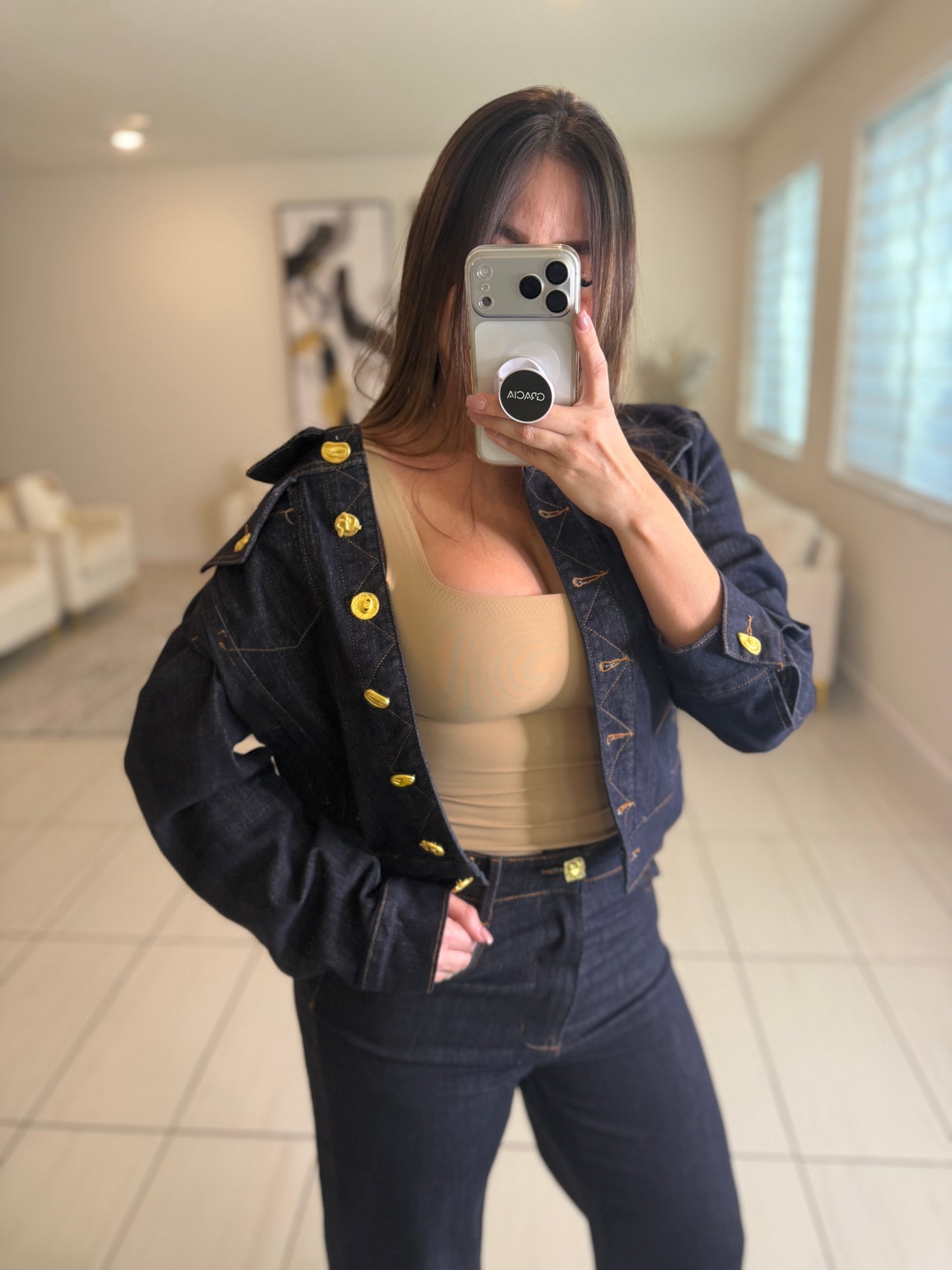 Luxe Gold Button Denim Pant Set