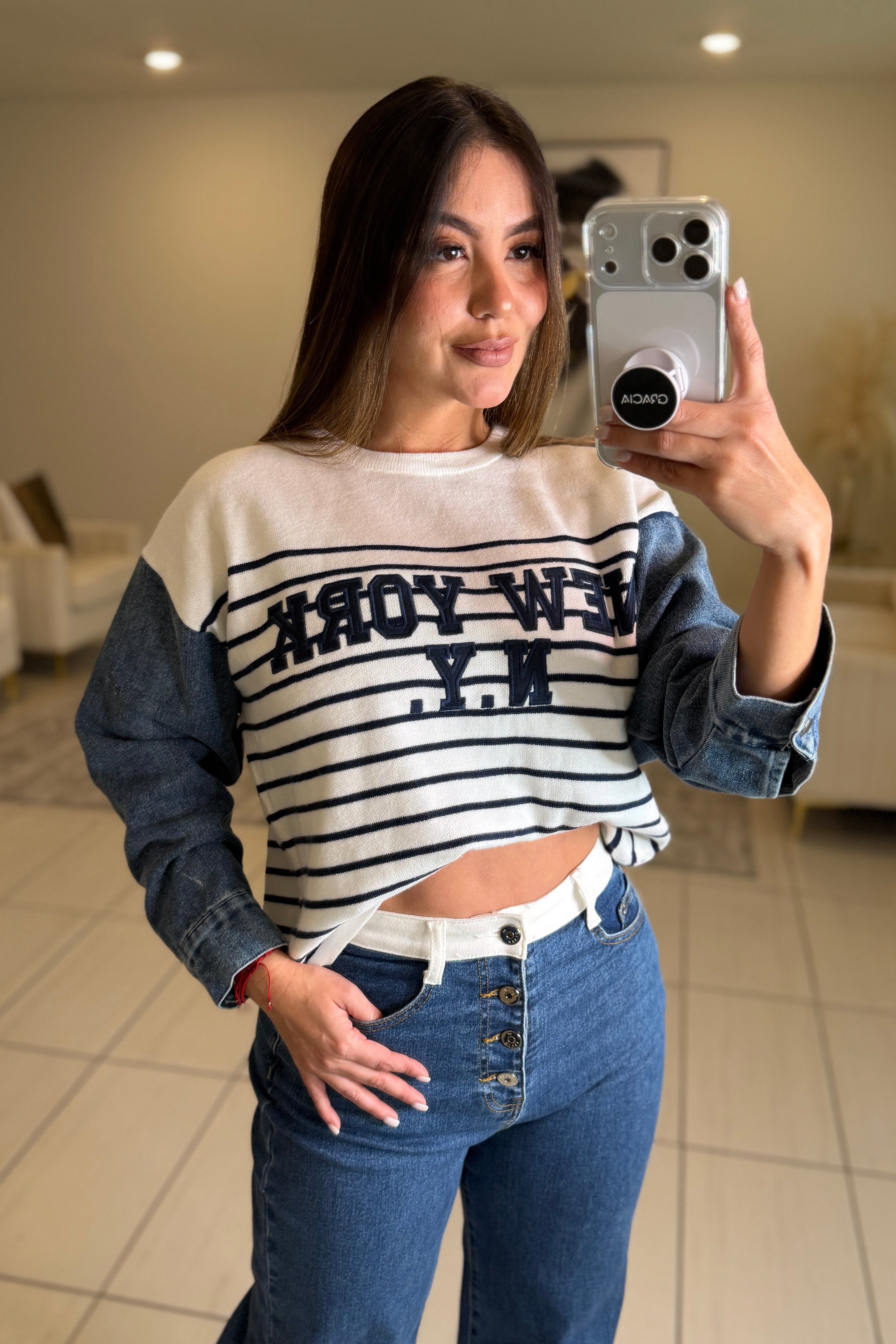 New York Denim and White Sweater