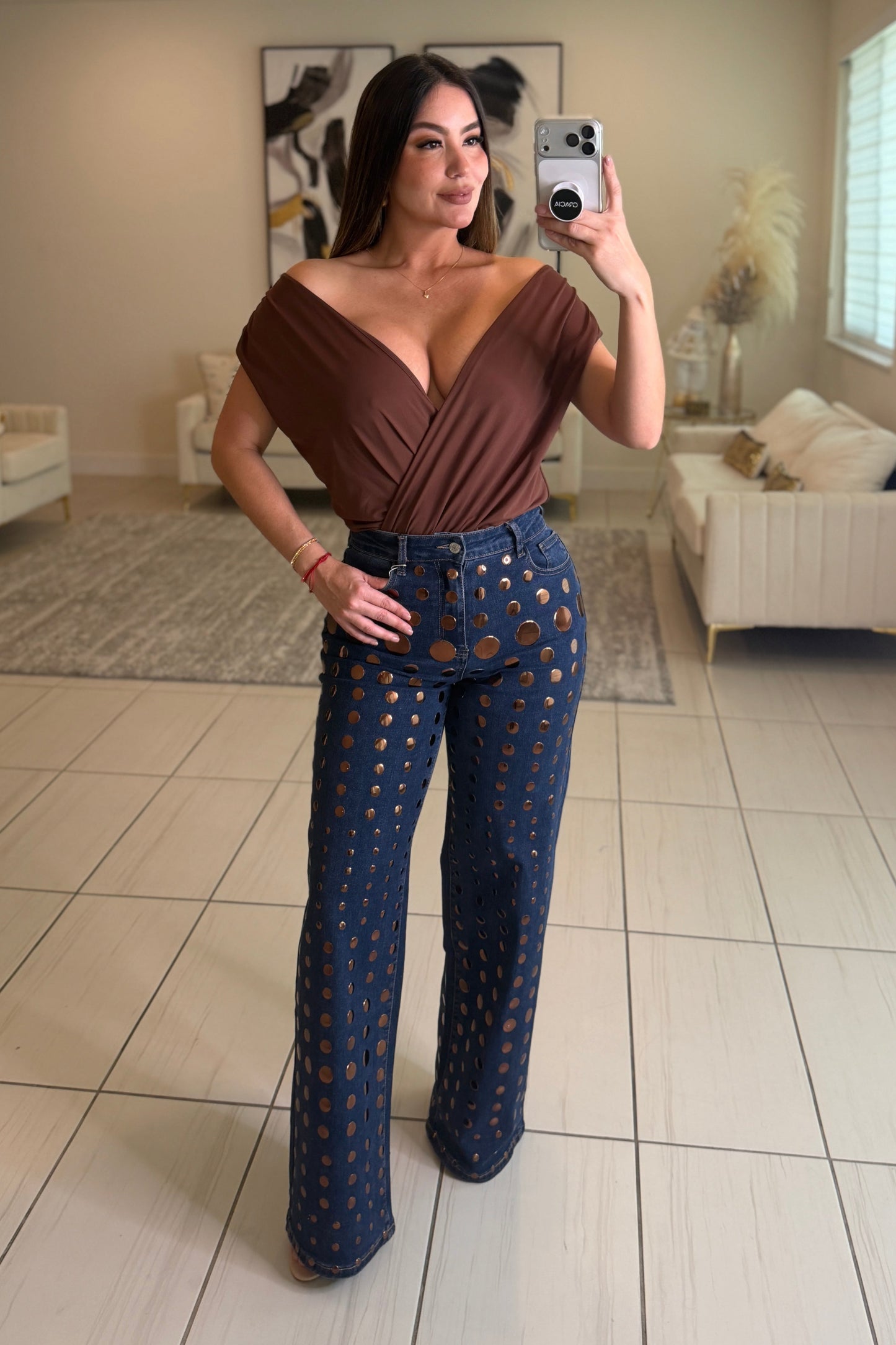 Bronze Shiny Polka Dots Denim Pants