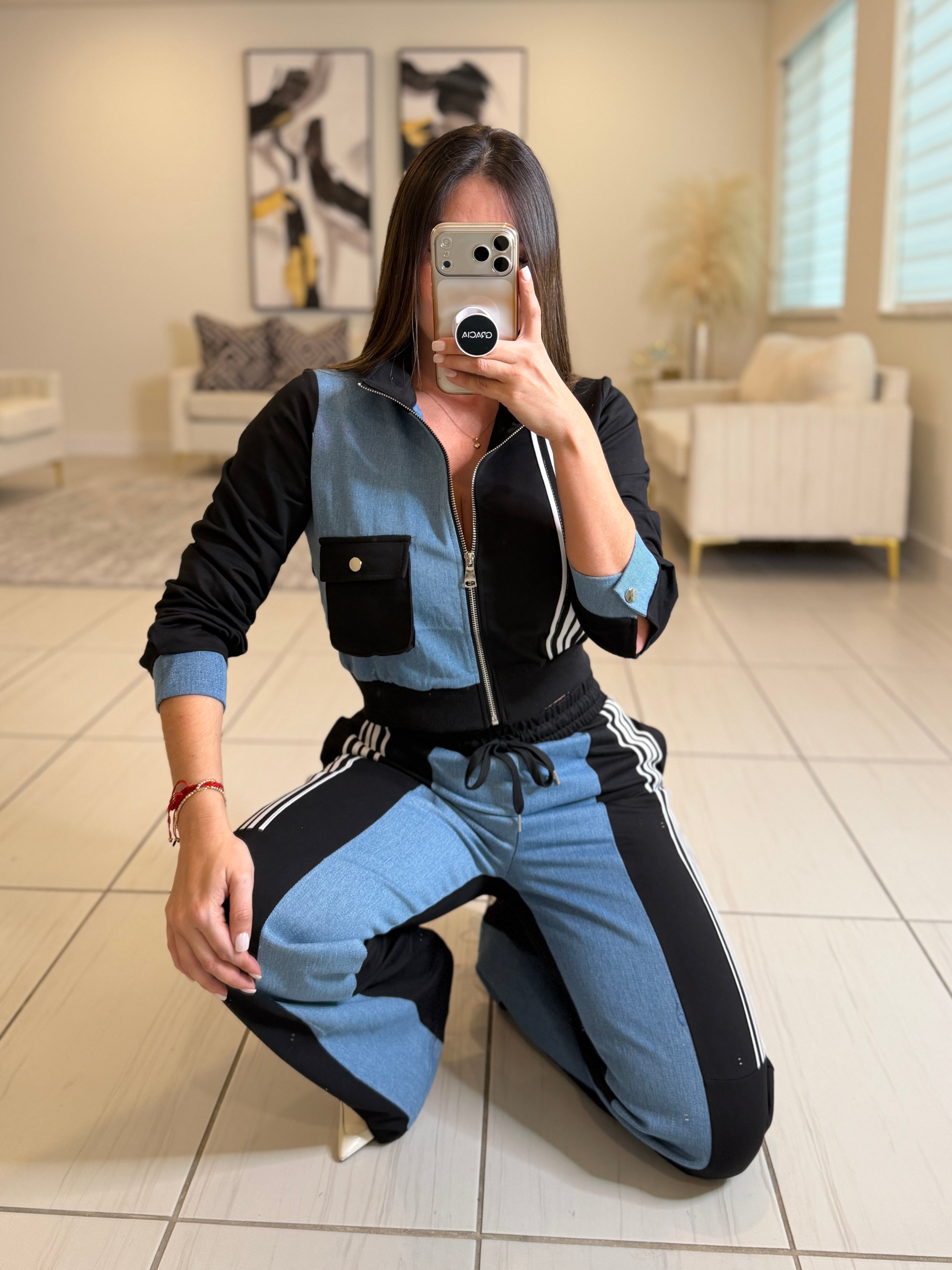 Divine Black and Denim Contrast Pant Set