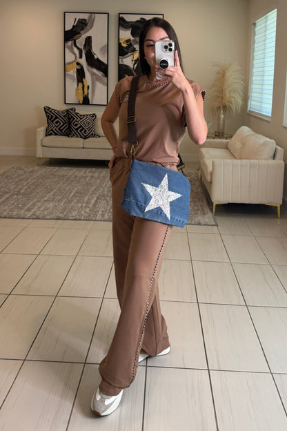 Silver Star Denim Crossbody Bag