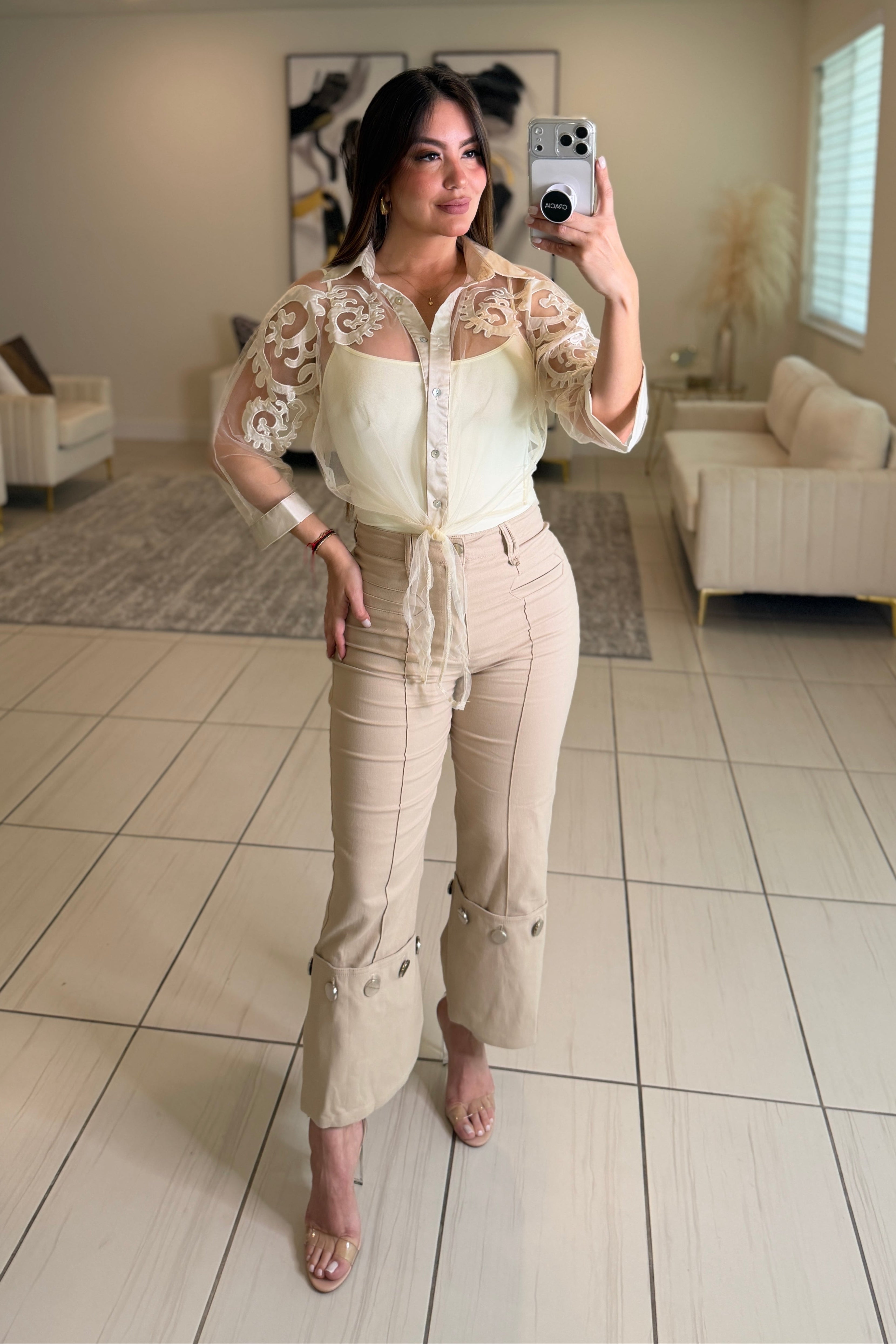 Stunning Silver Buttons Beige Pants