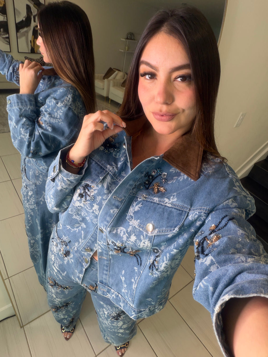 Sequin Blossom Denim Barrel Pant Set