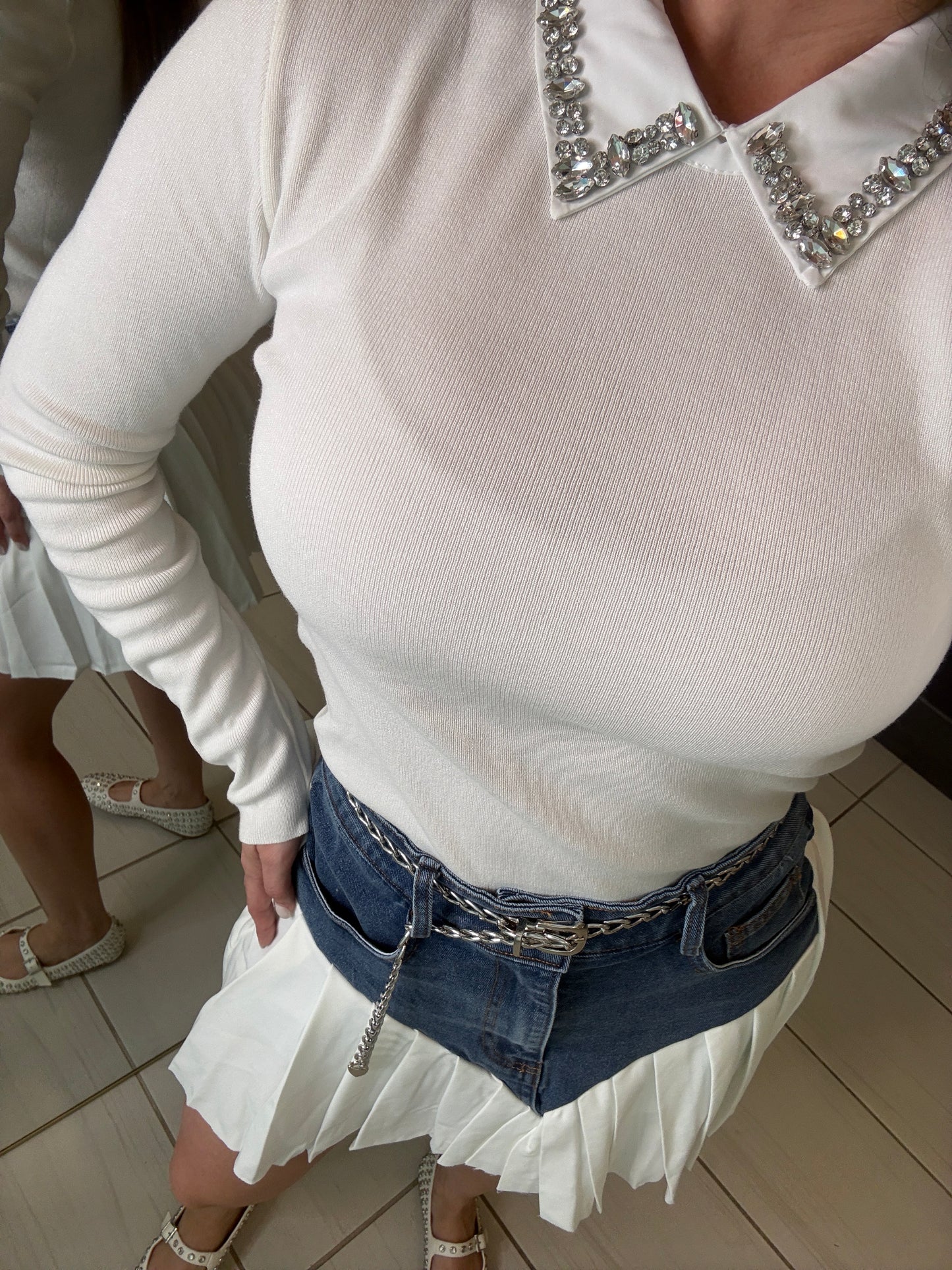 League Charm White Sweater Top