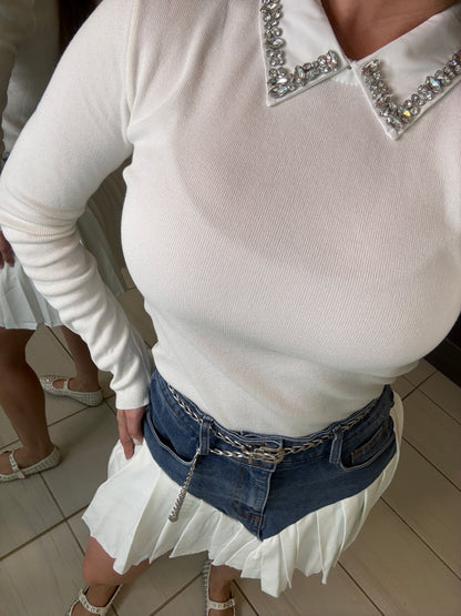 League Charm White Sweater Top