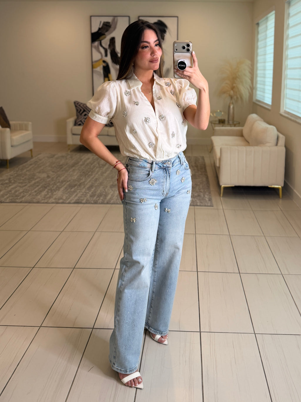 Sparkling Stones Flowers Denim Pants