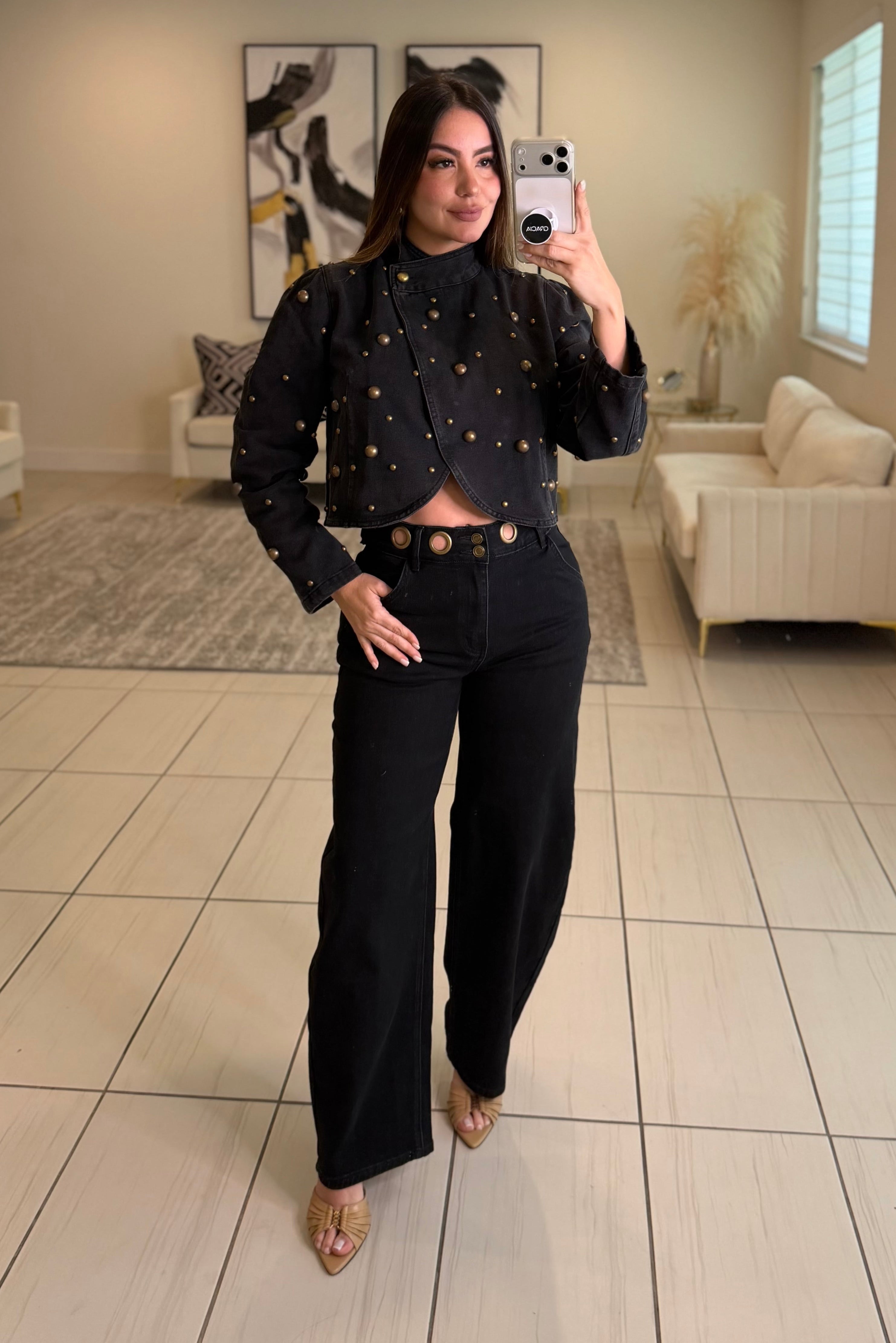 Luxe Gold Hoops Black Barrel Pants