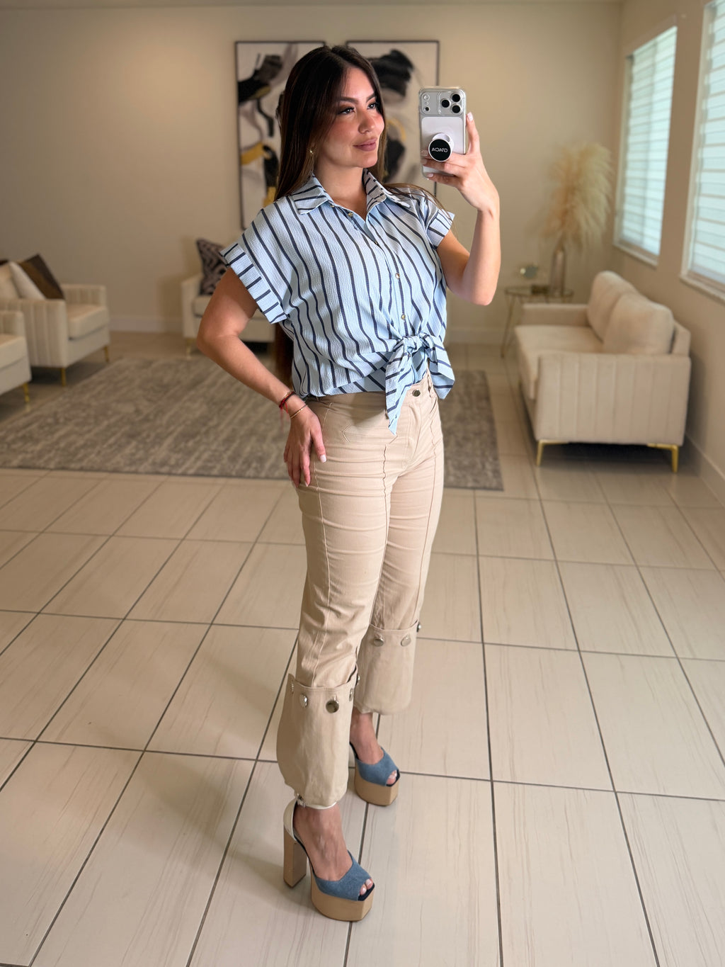 Stunning Silver Buttons Beige Pants