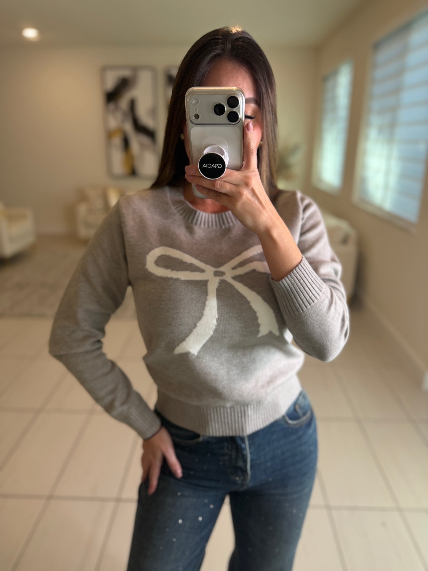White Bow Grey Knit Sweater