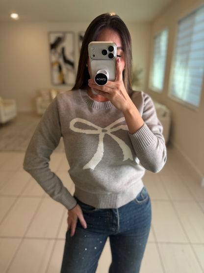 White Bow Grey Knit Sweater