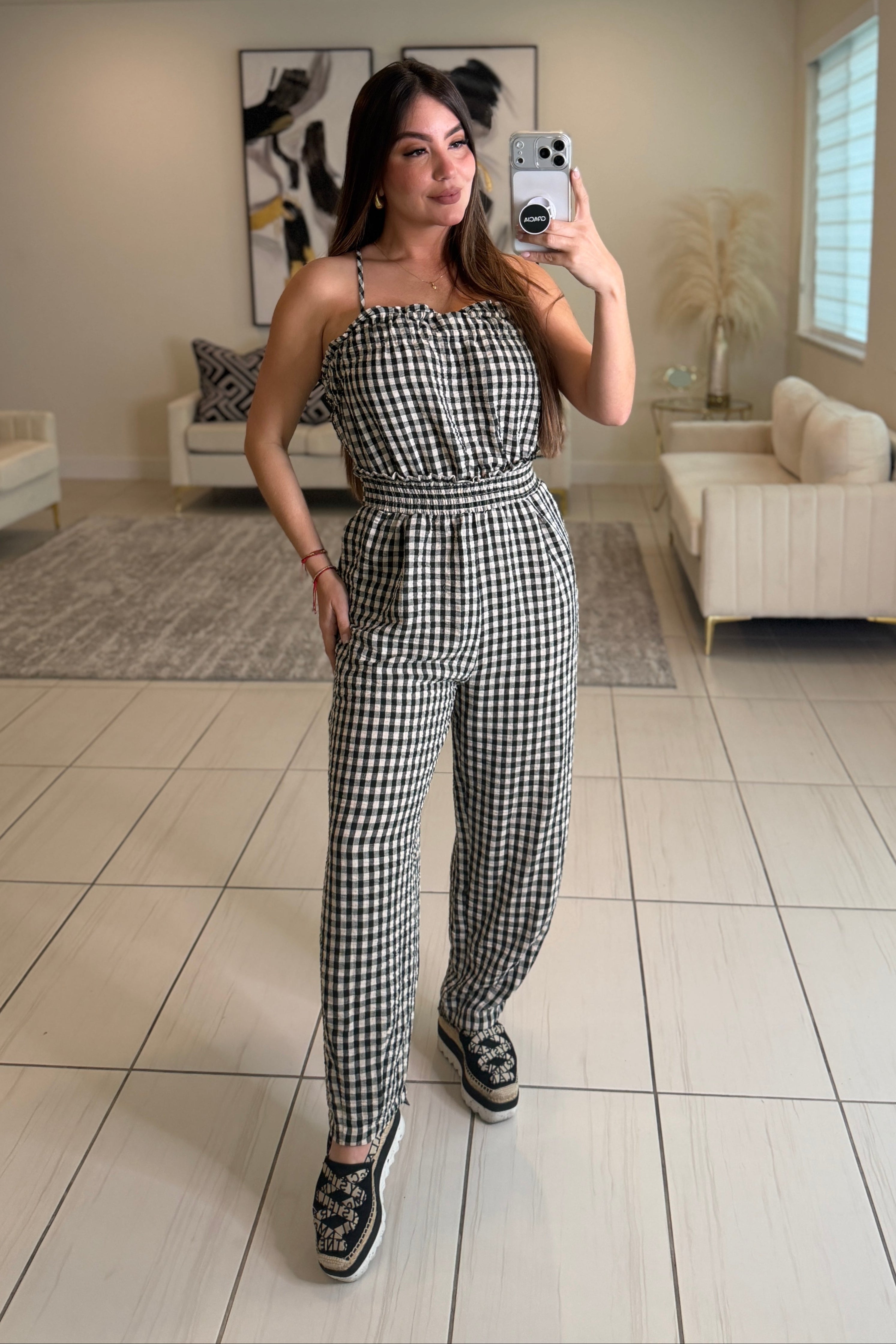 Graceful Plaid Black Barrel Jumpsuit