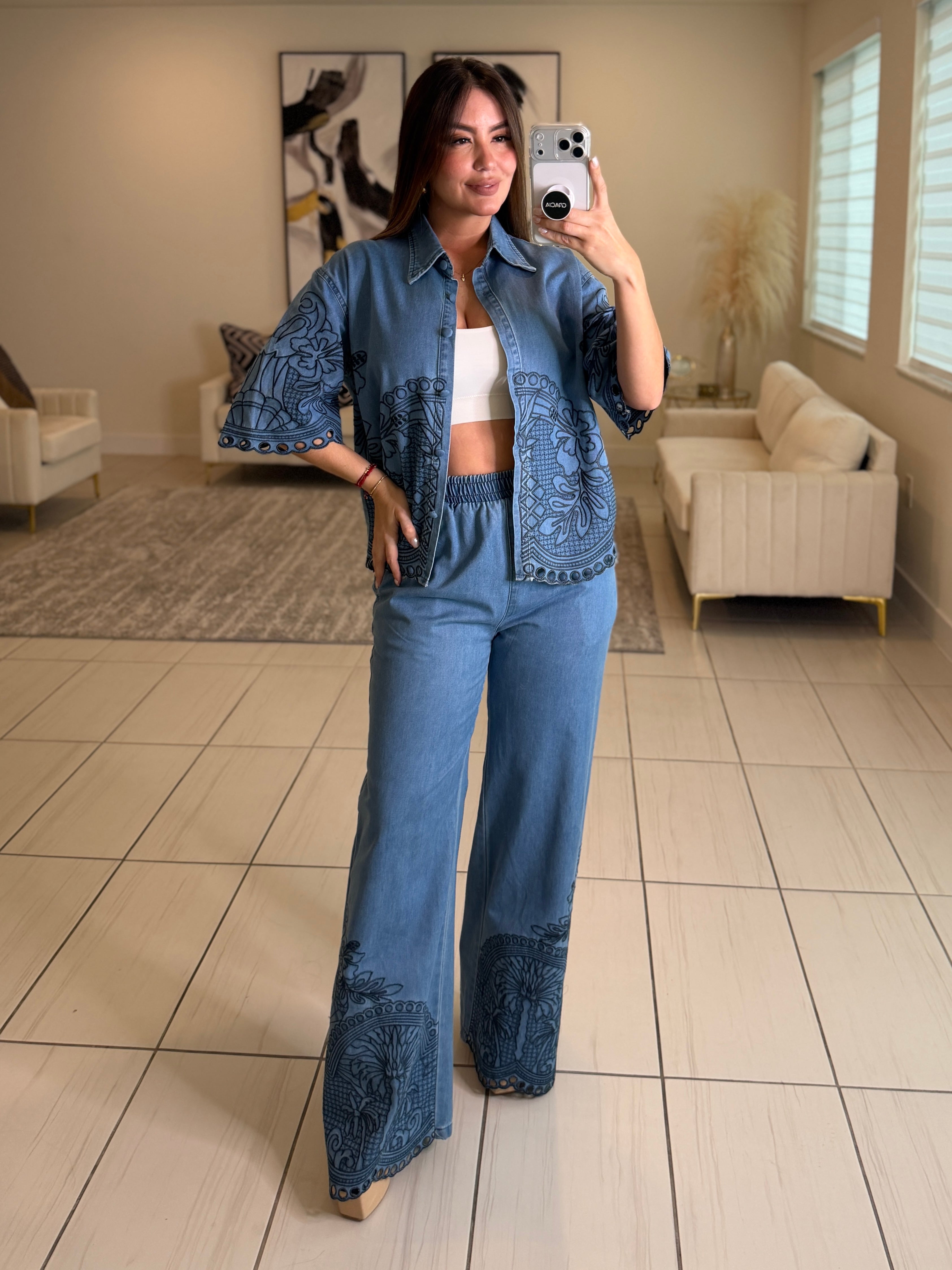 Paradise Embroidered Denim Pant Set