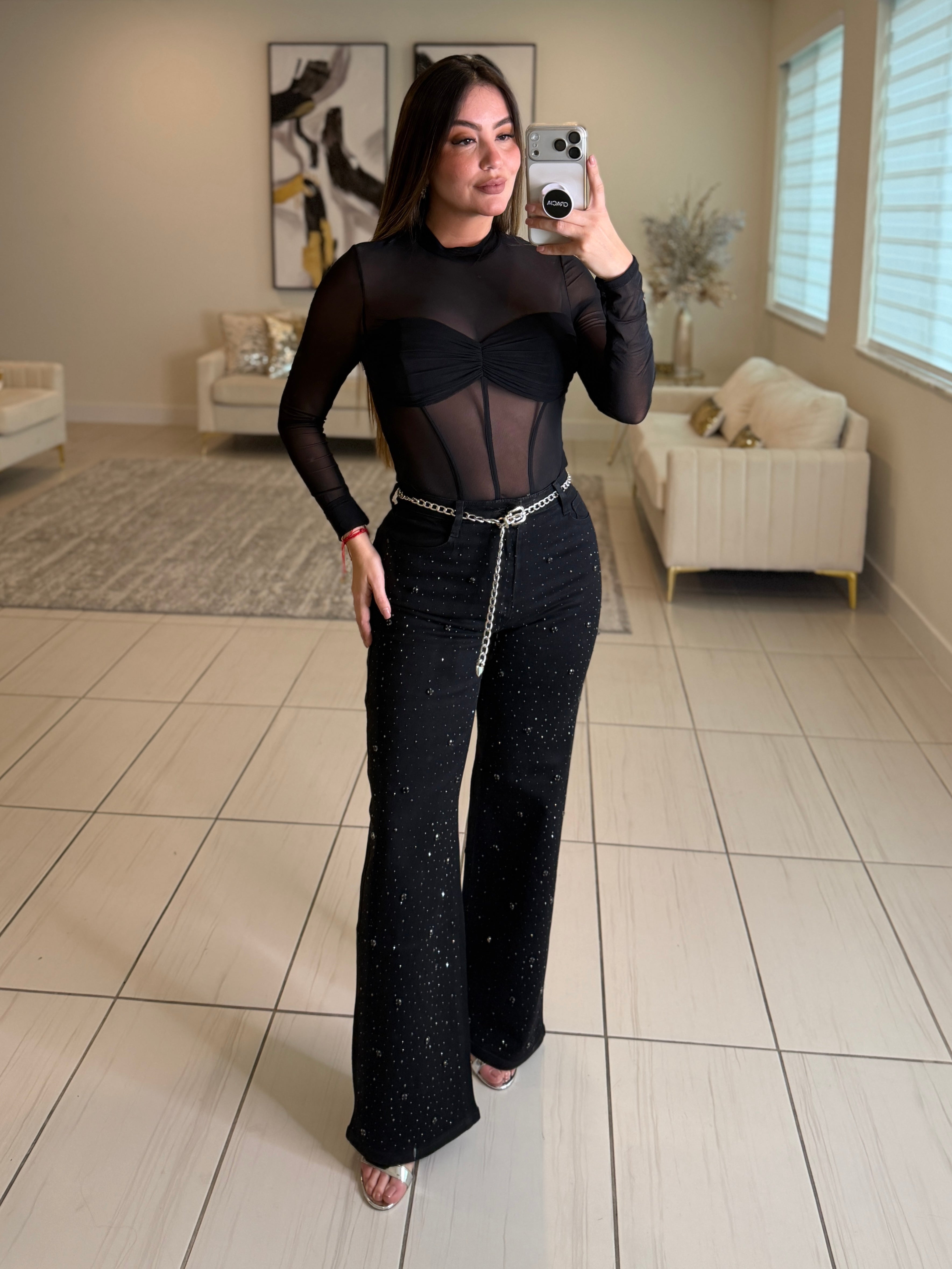Night Code Rhinestones Black Denim Pants