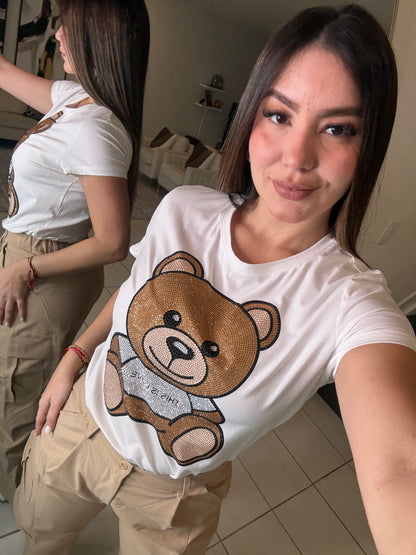 Cutest Rhinestones Bear White Top
