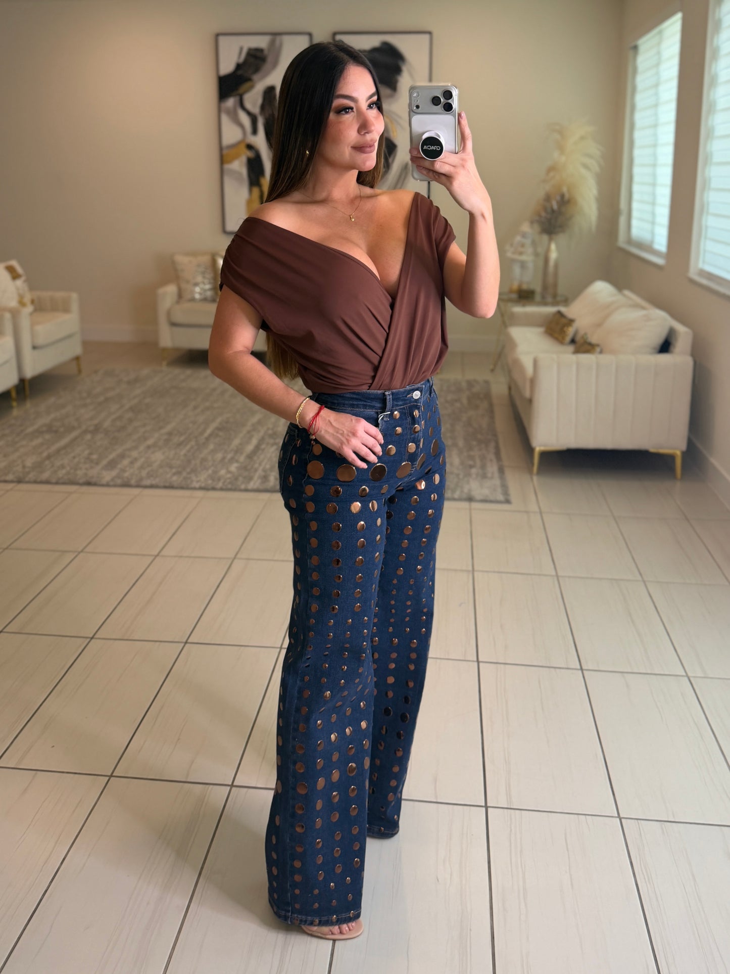 Bronze Shiny Polka Dots Denim Pants