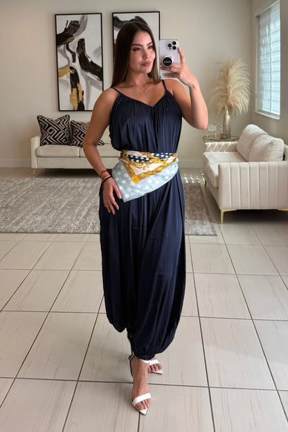 Effortless Essence Ruched Navy Blue Jumpsuit