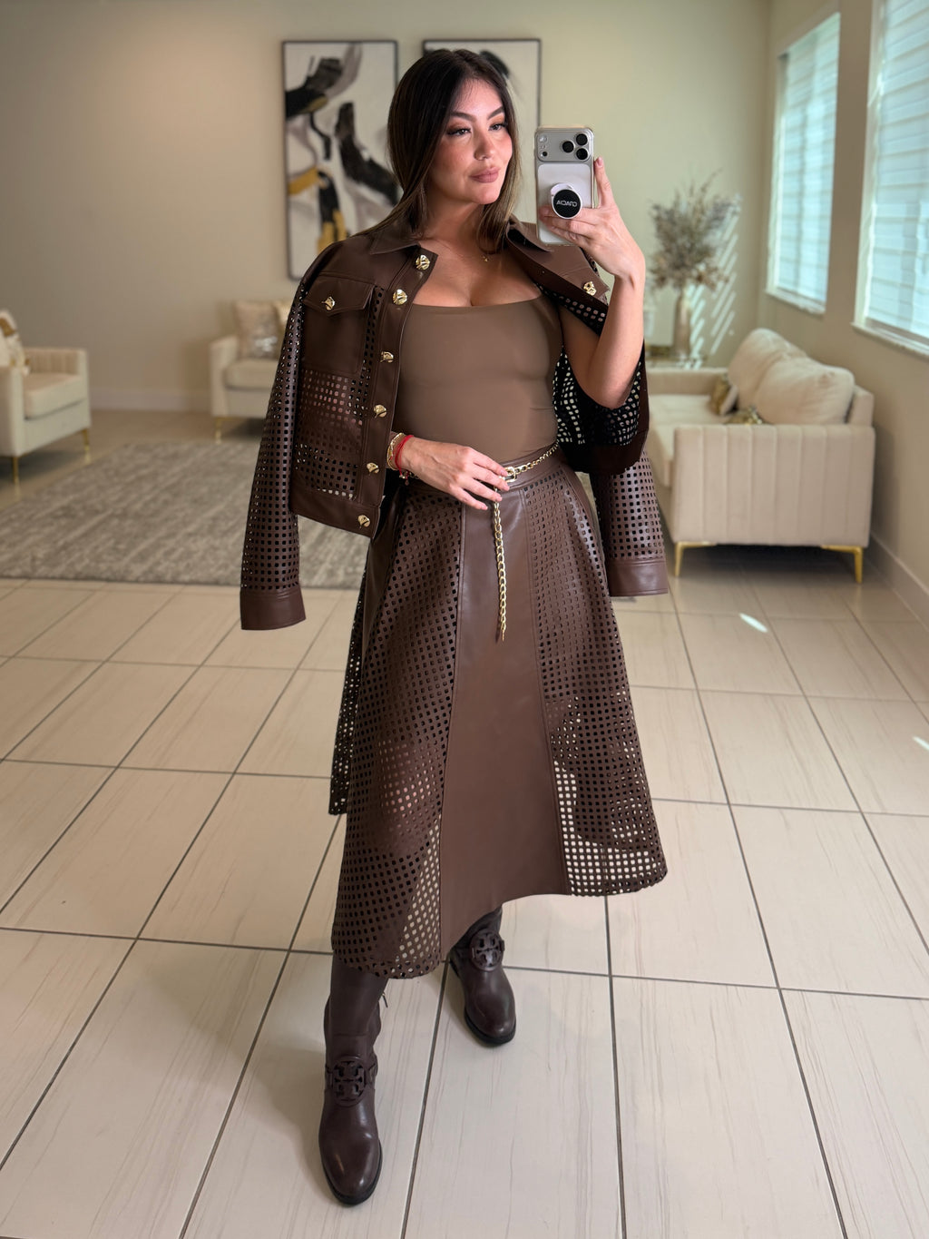 Luxe Faux Leather Brown Skirt Set