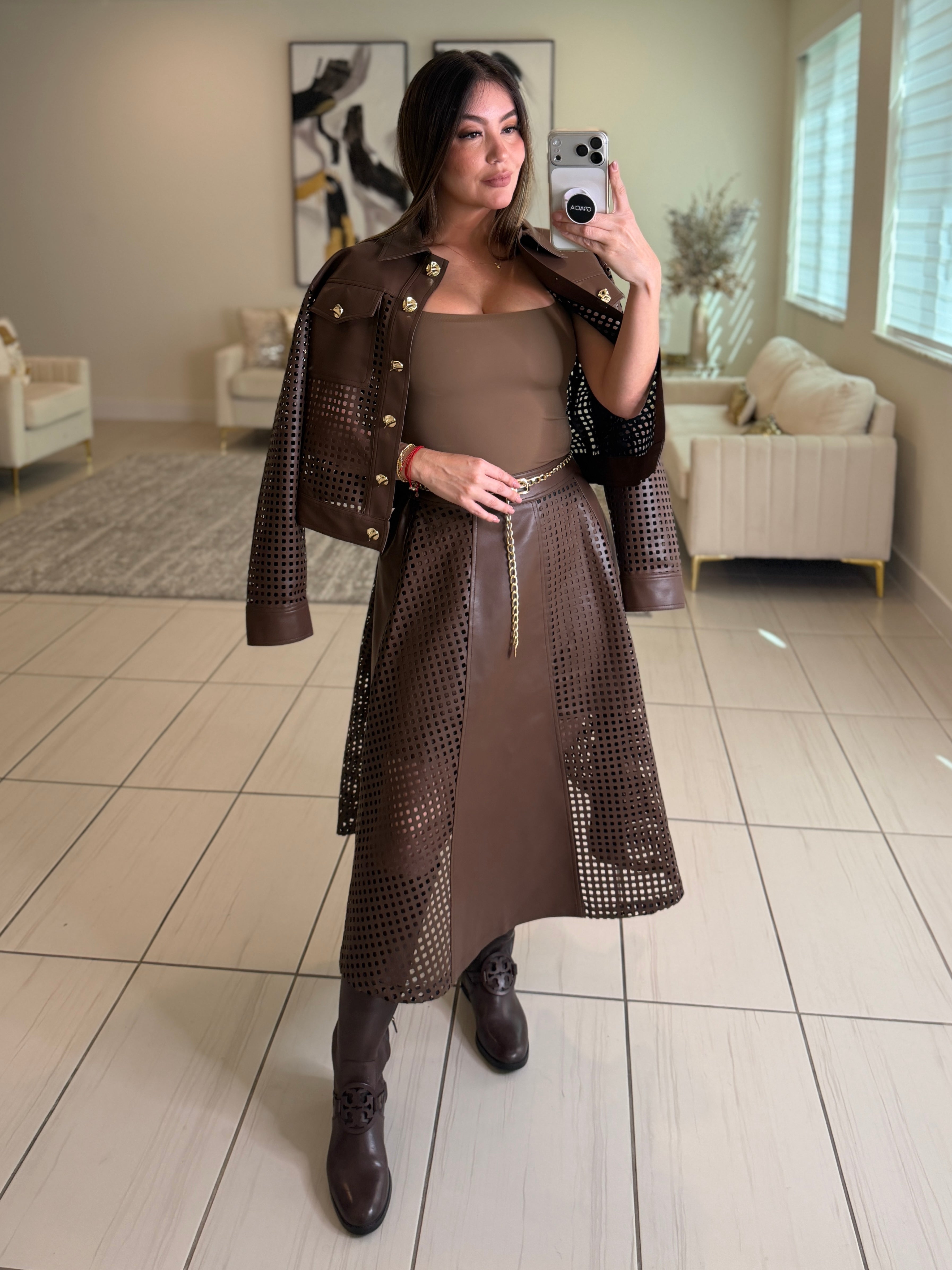 Luxe Faux Leather Brown Skirt Set