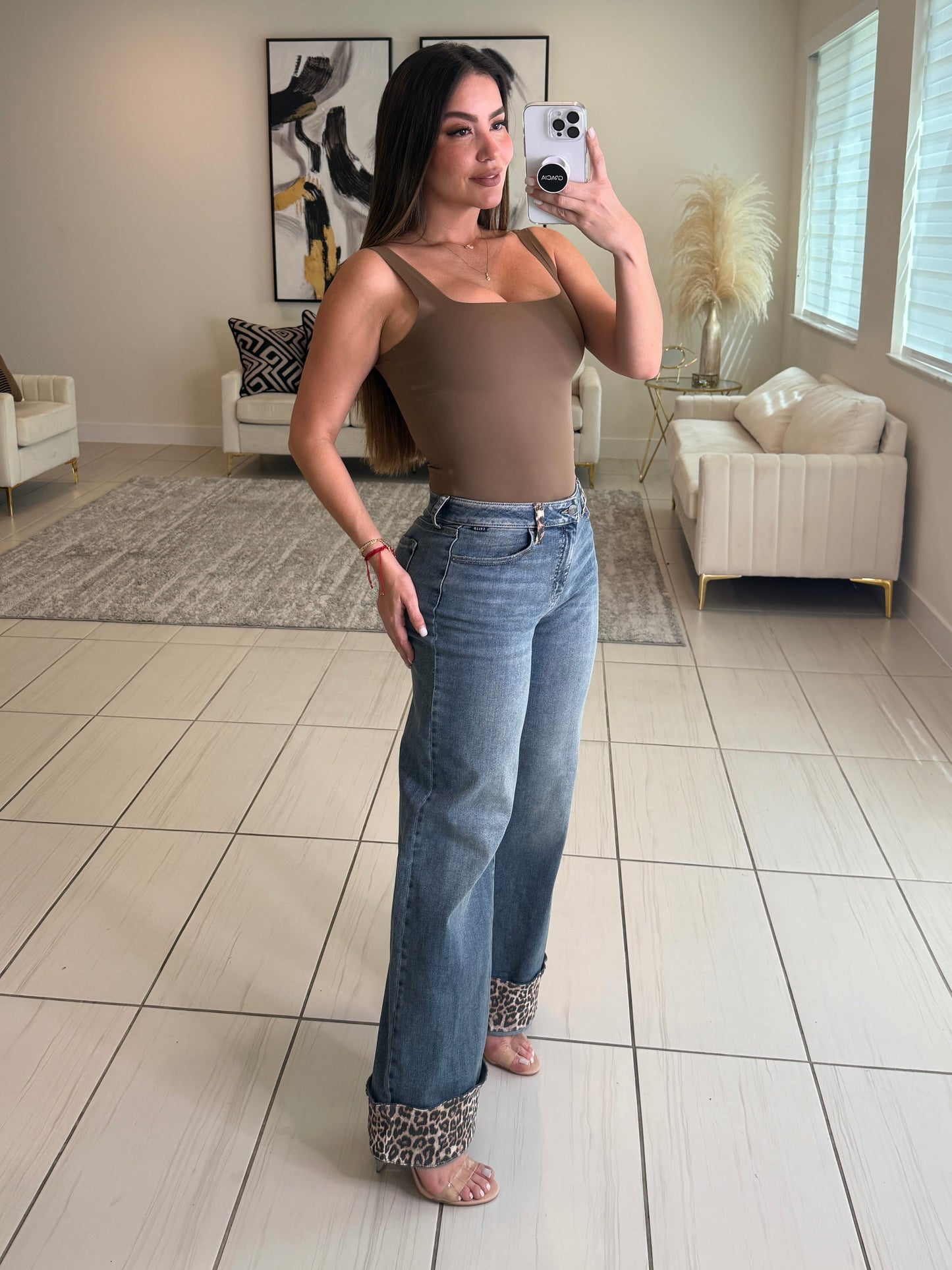 Power Contrast Denim and Leopard Pants