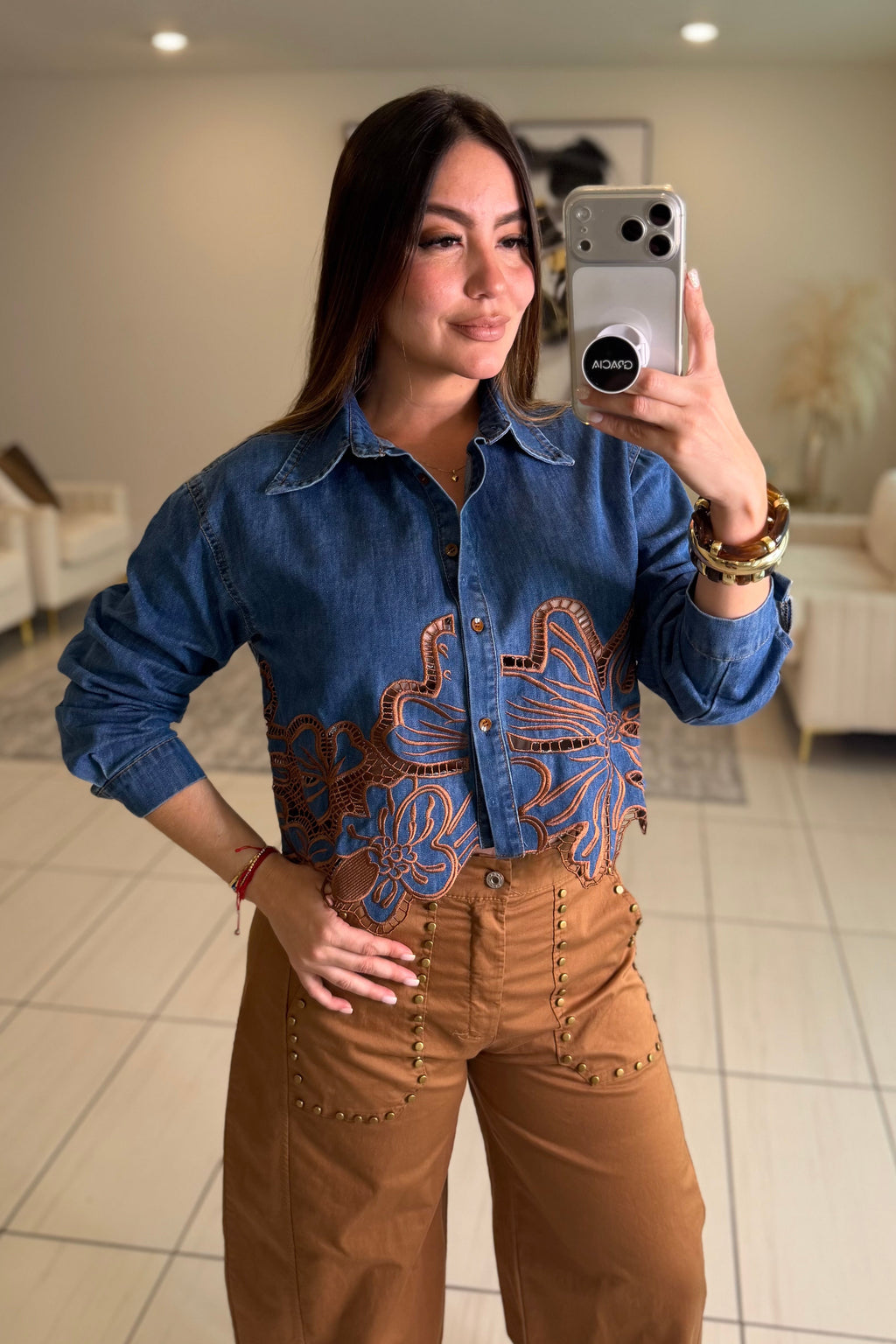 Brown Blossoms Denim Top