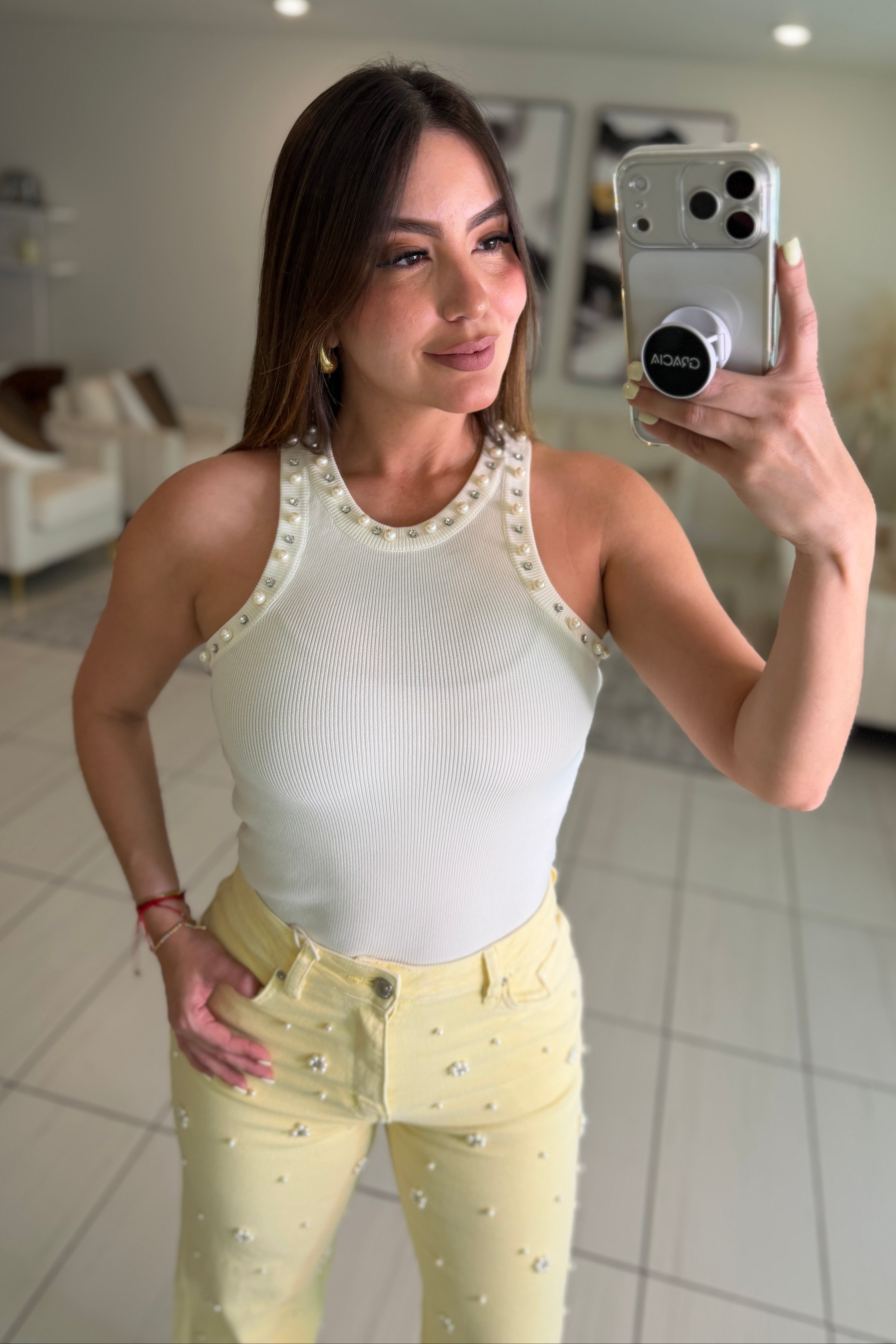 Prestige Pearls Beige Tank Top