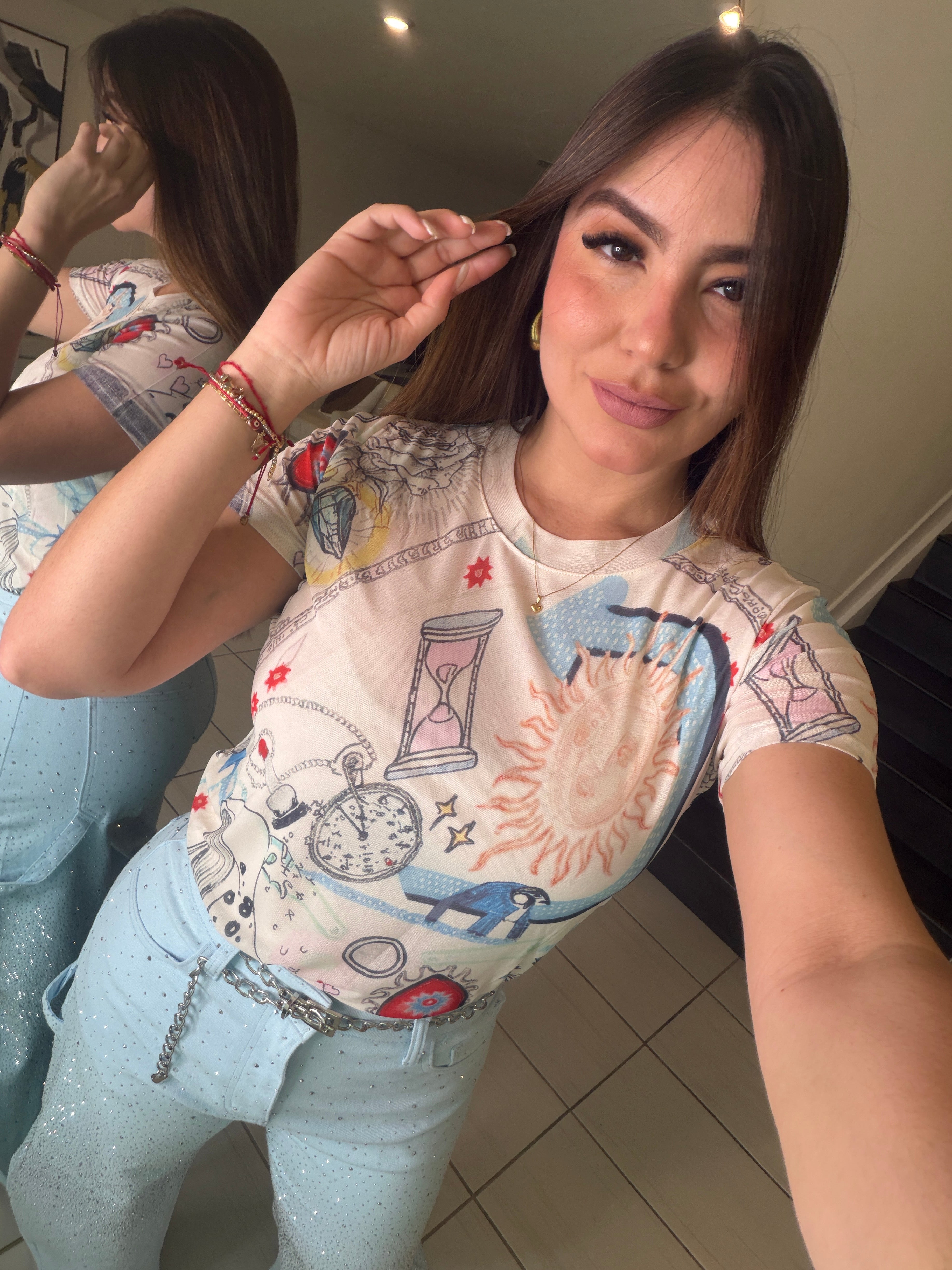Cool Beige Mesh Printed Top