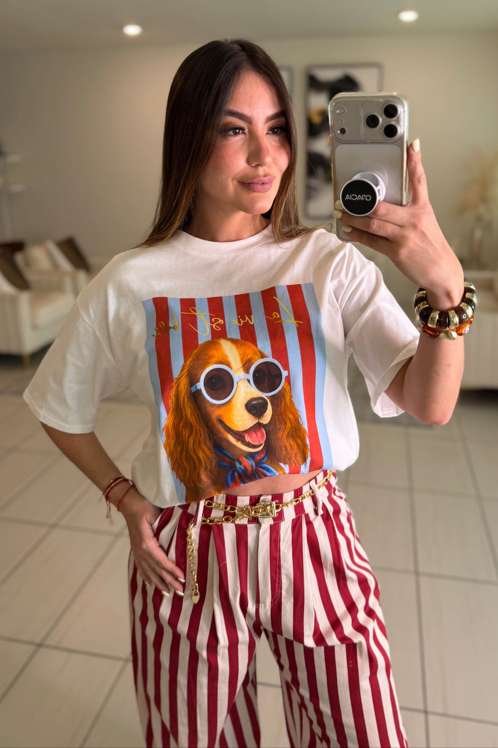 Iconic Puppy Stripes White Tshirt