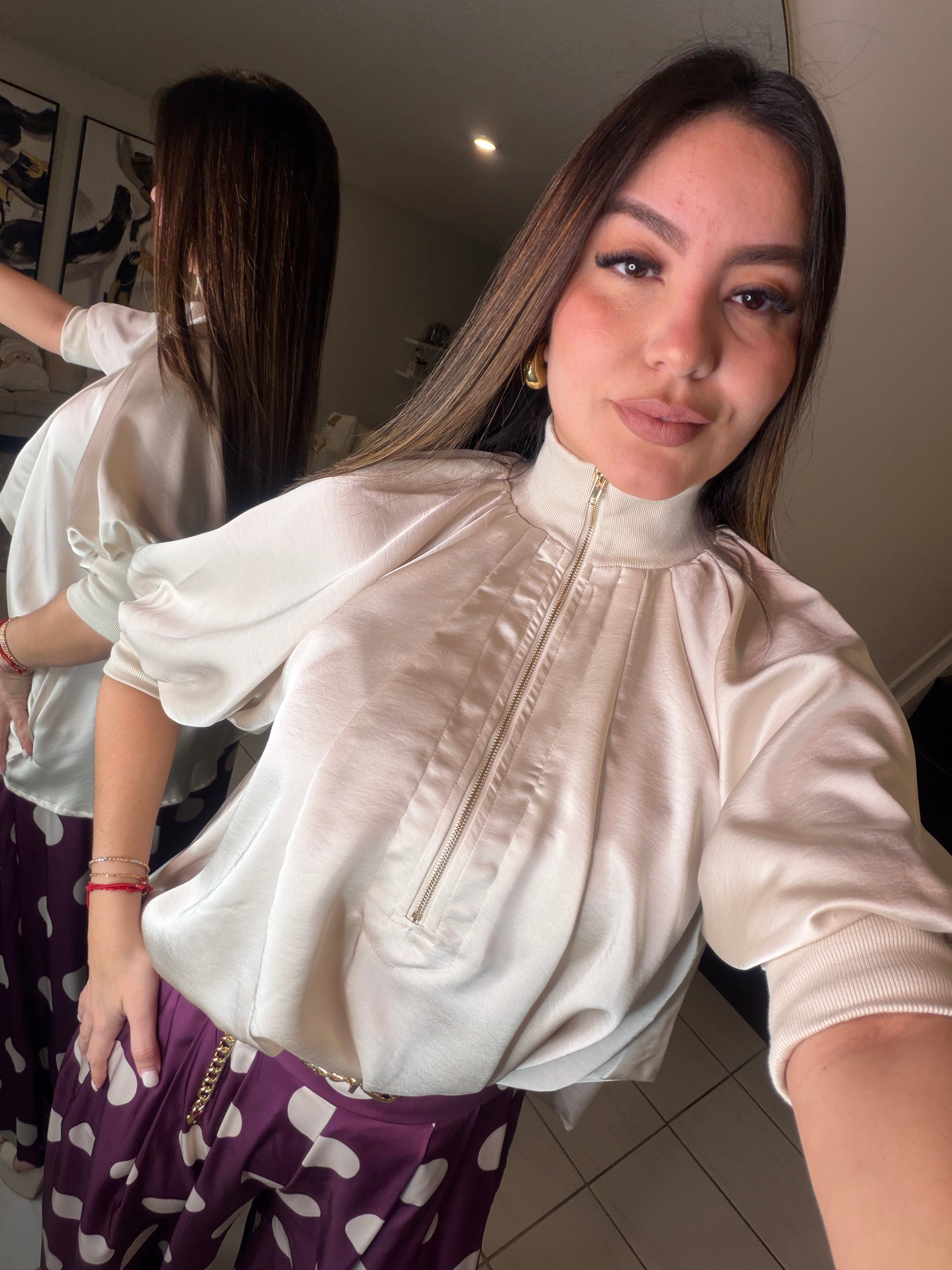 Mock Nek Band Puff Beige Top
