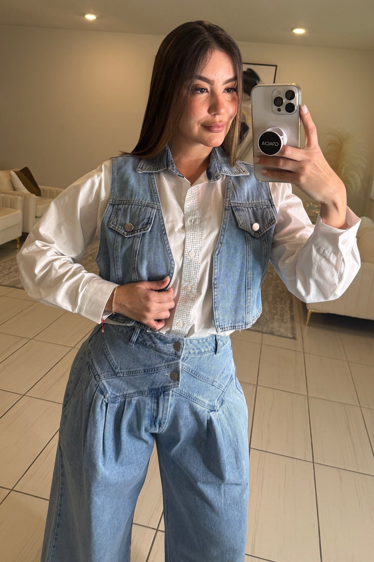 Sparkle Contrast White and Denim Shirt