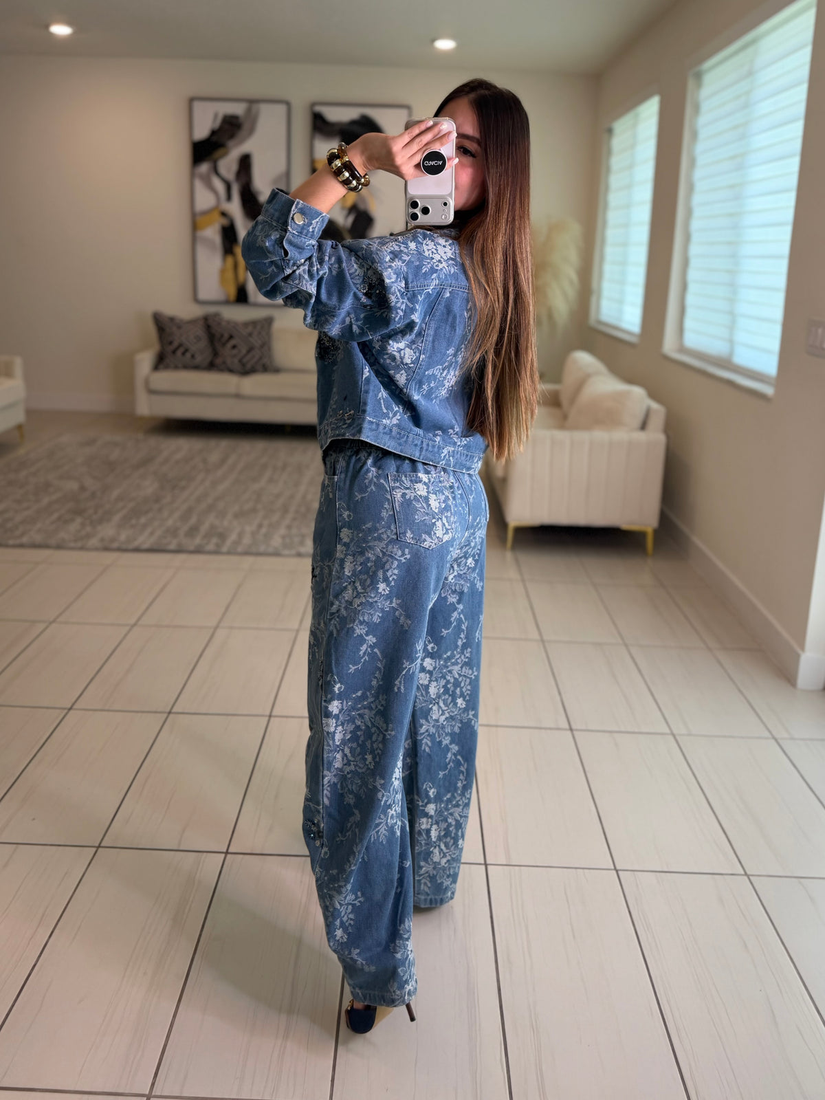 Sequin Blossom Denim Barrel Pant Set