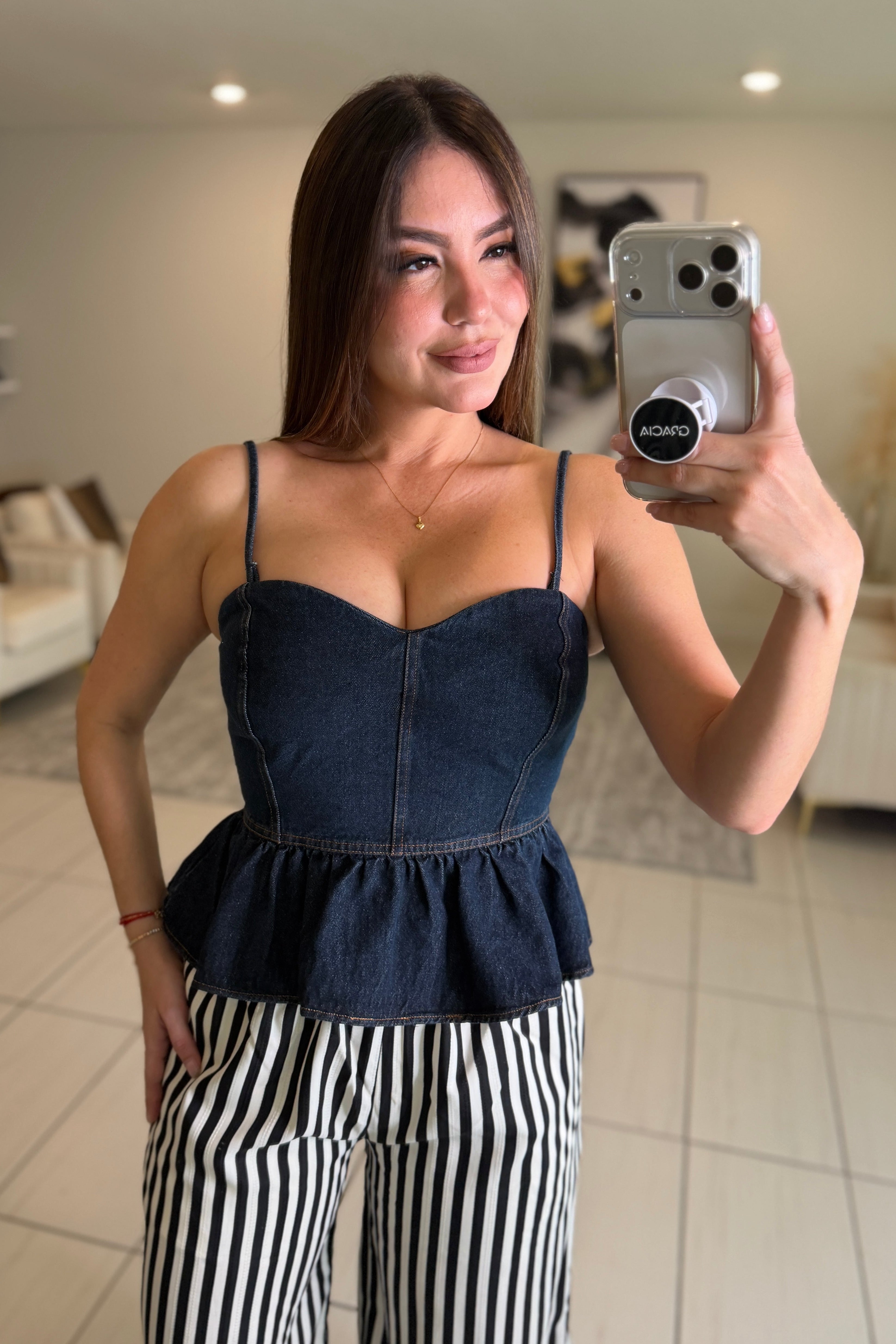 Sweet Peplum Dark Denim Top