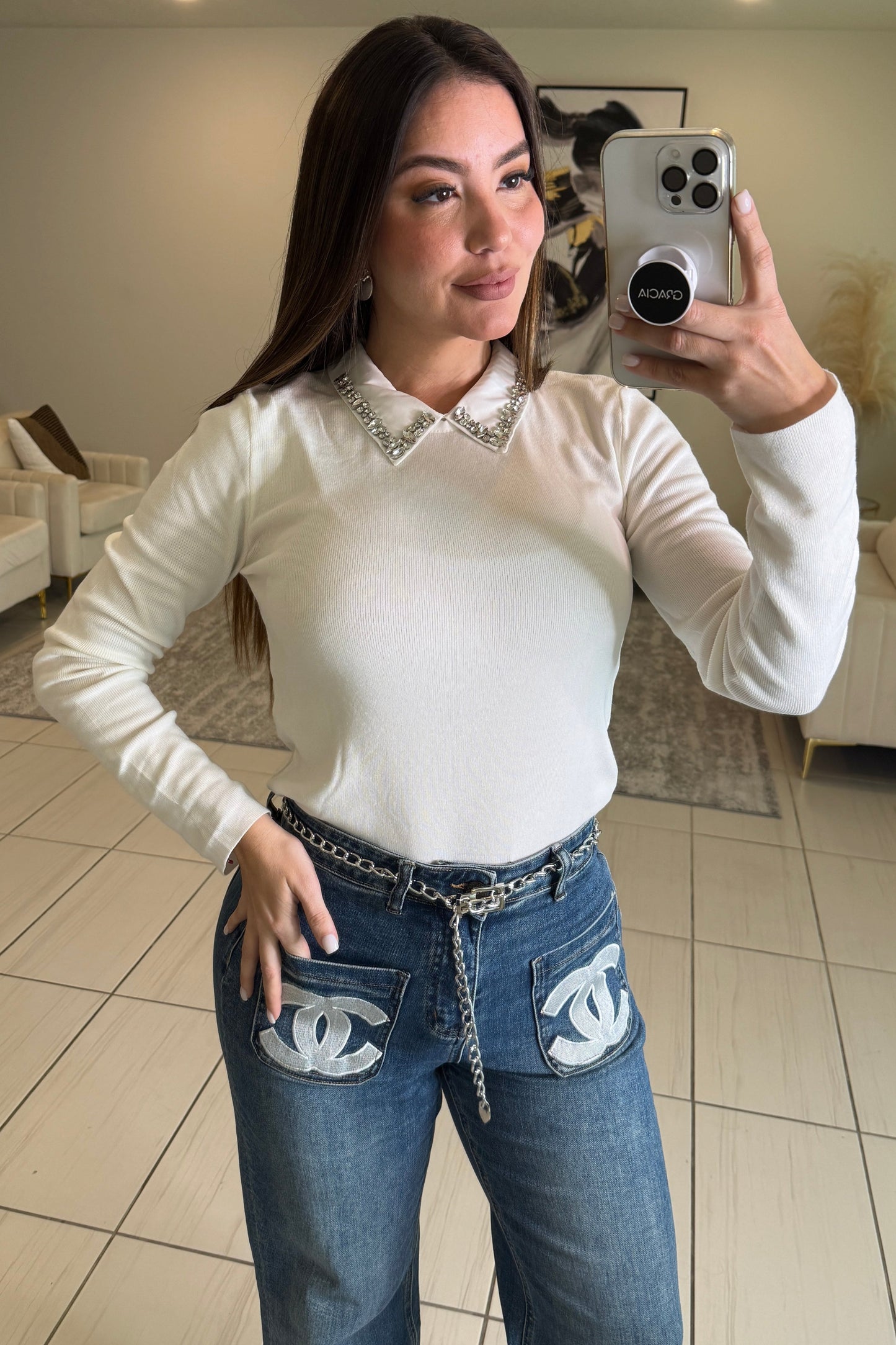 League Charm White Sweater Top