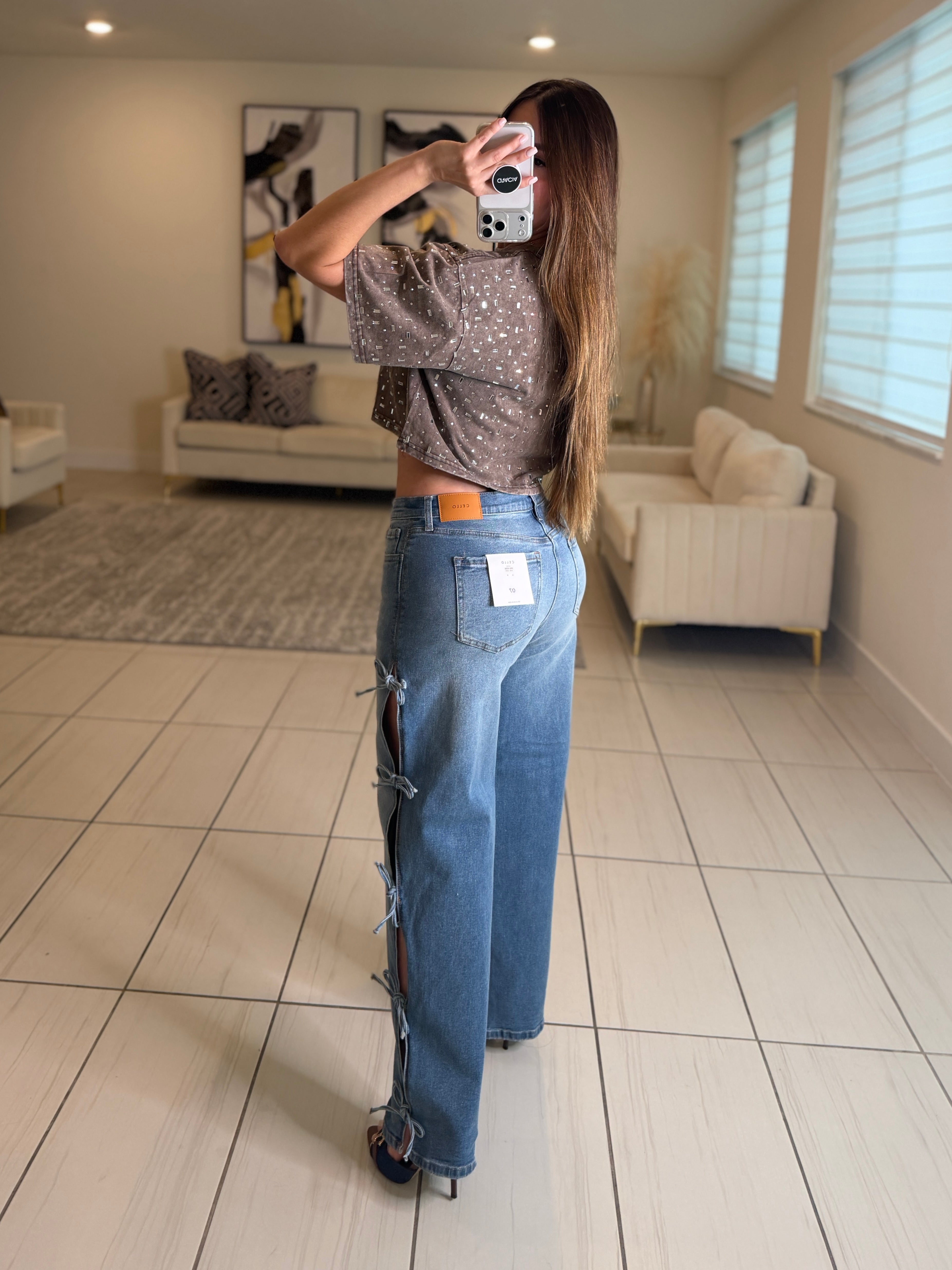 Glow Up Rhinestones Brown Top