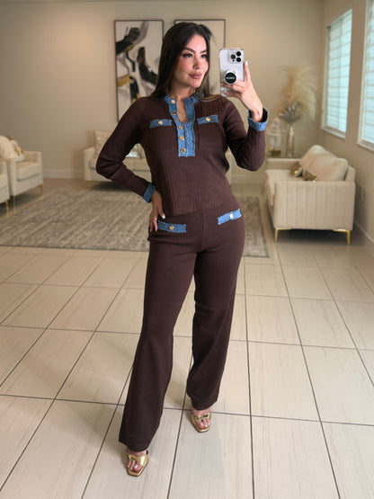 Modern Frame Knit Brown Pant Set