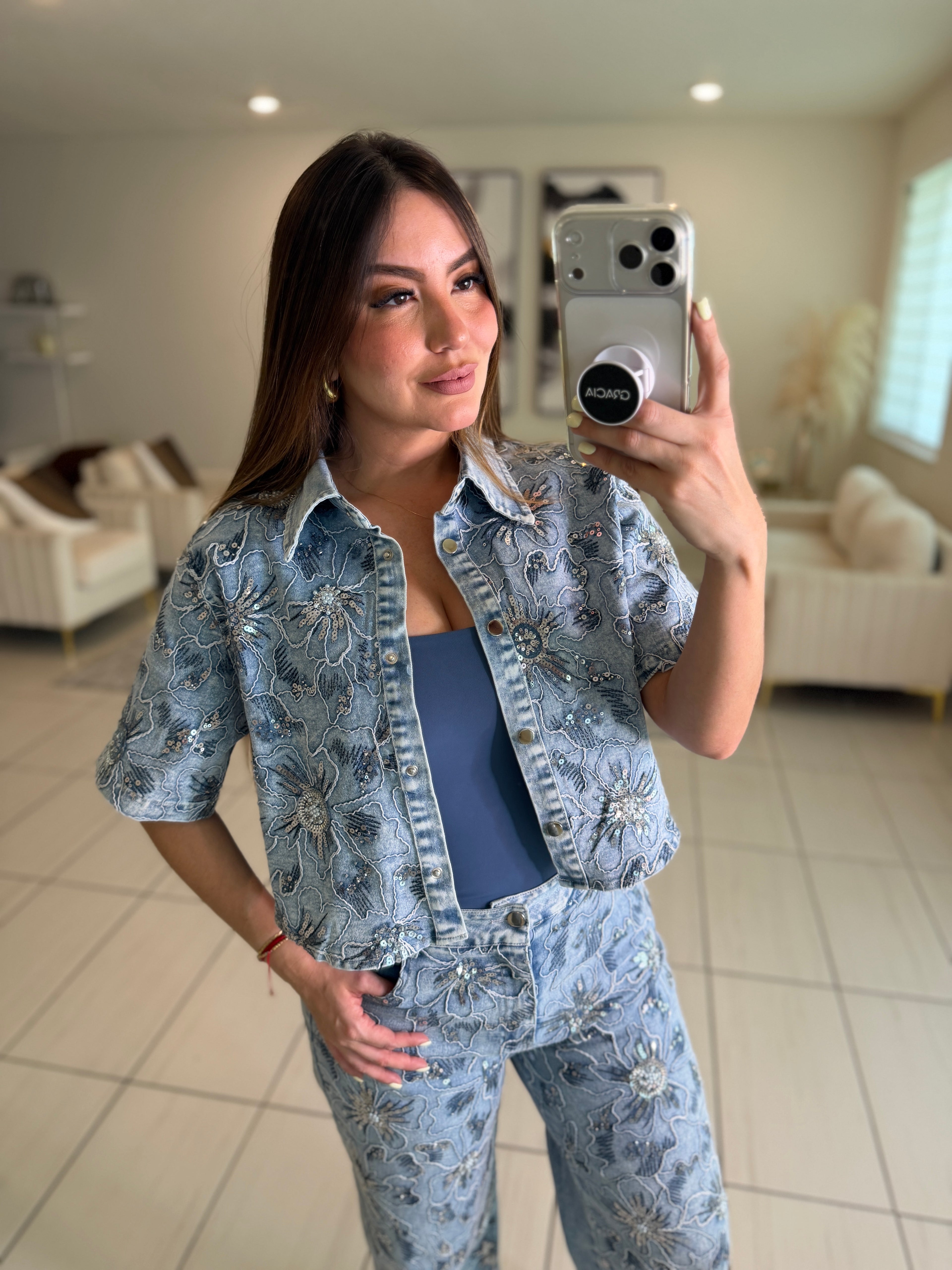 Blossom Sequin Denim Pant Set