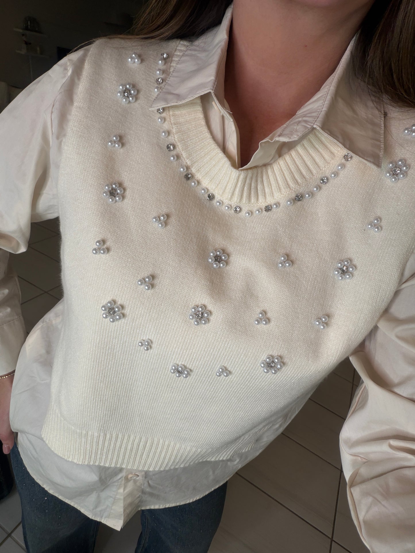 Parisian Pearls Beige Long-Sleeved Top
