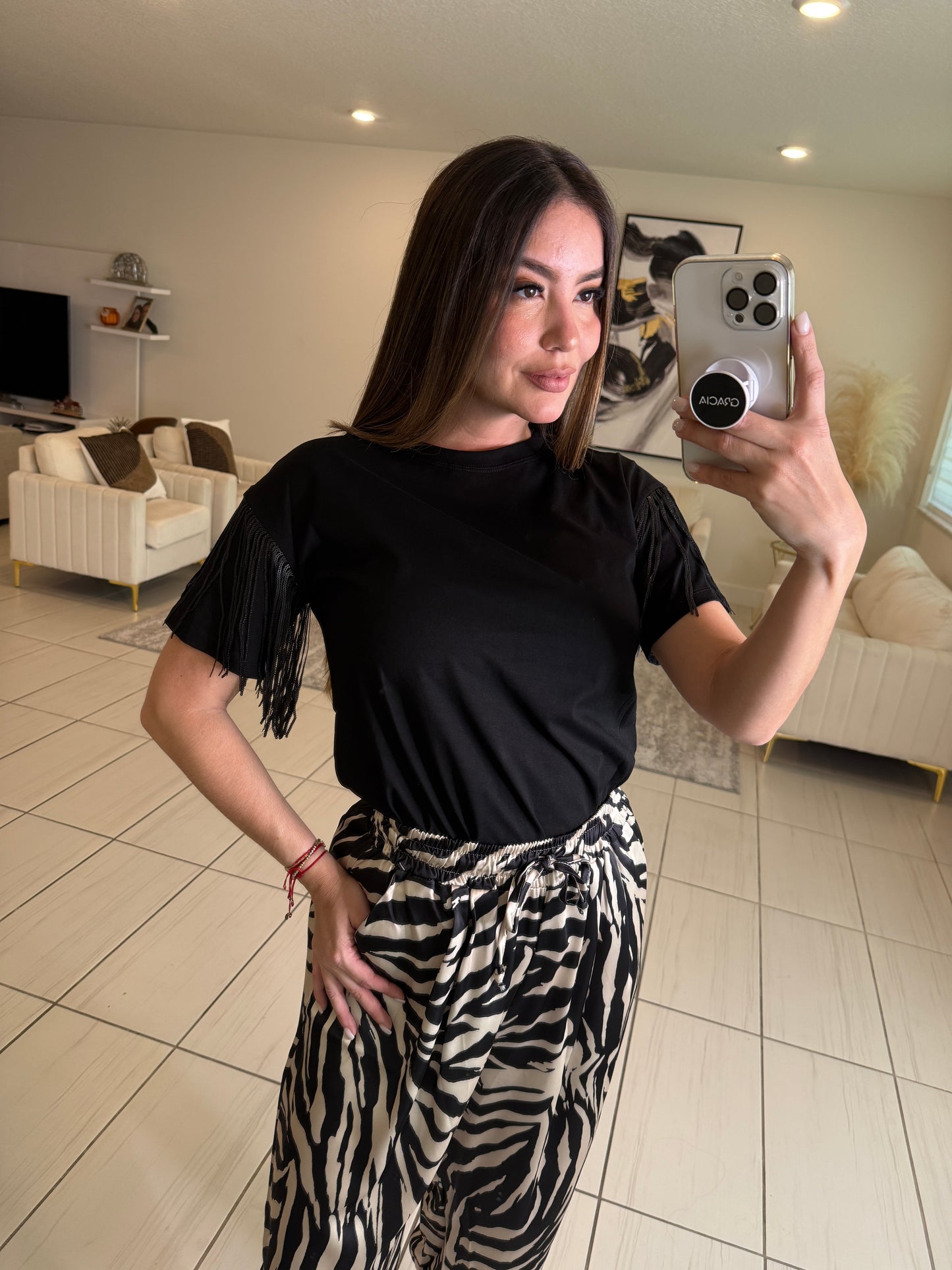 Sequin Fringe Black Top