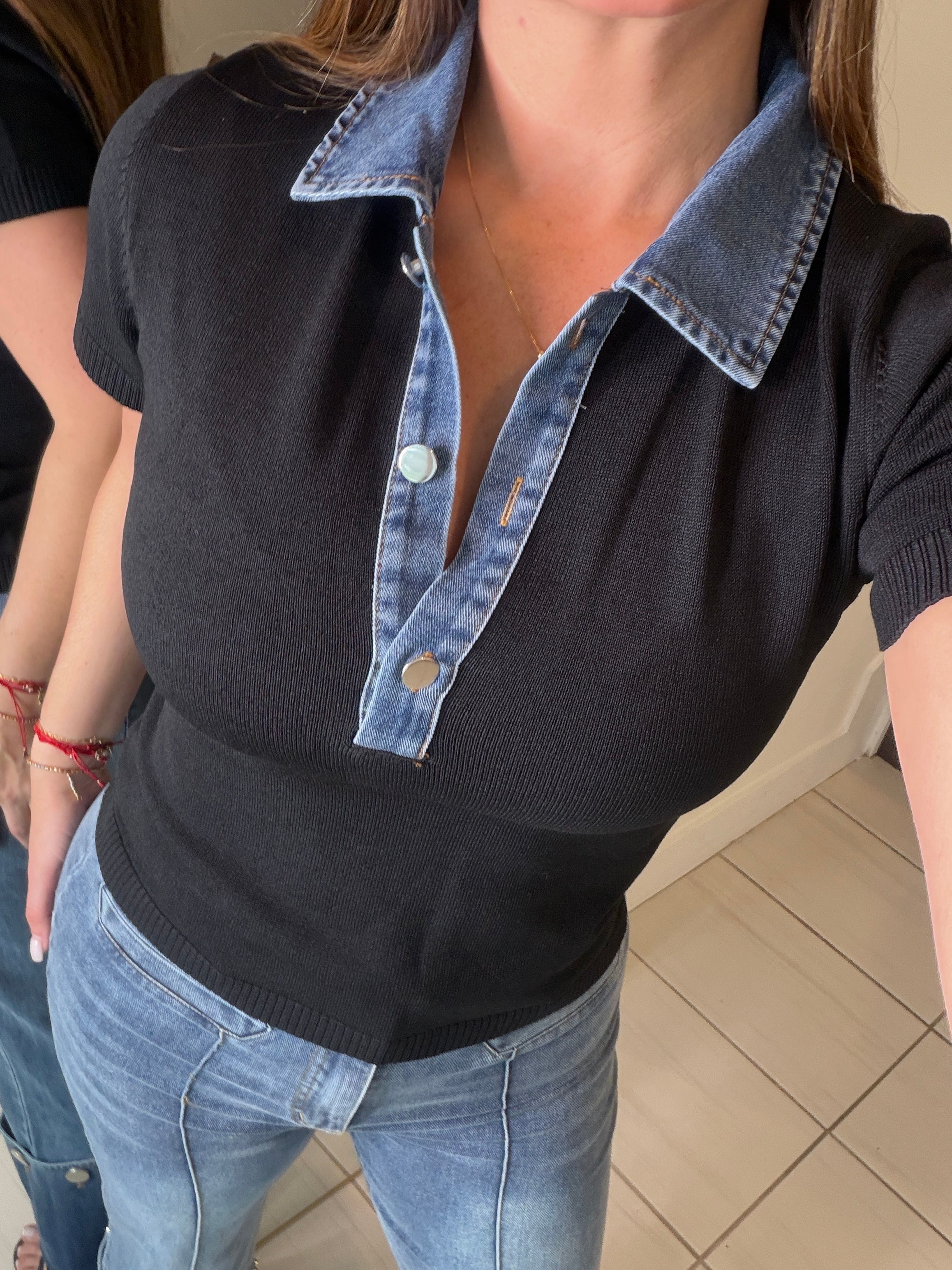 Favorite Contrast Knit Black Top