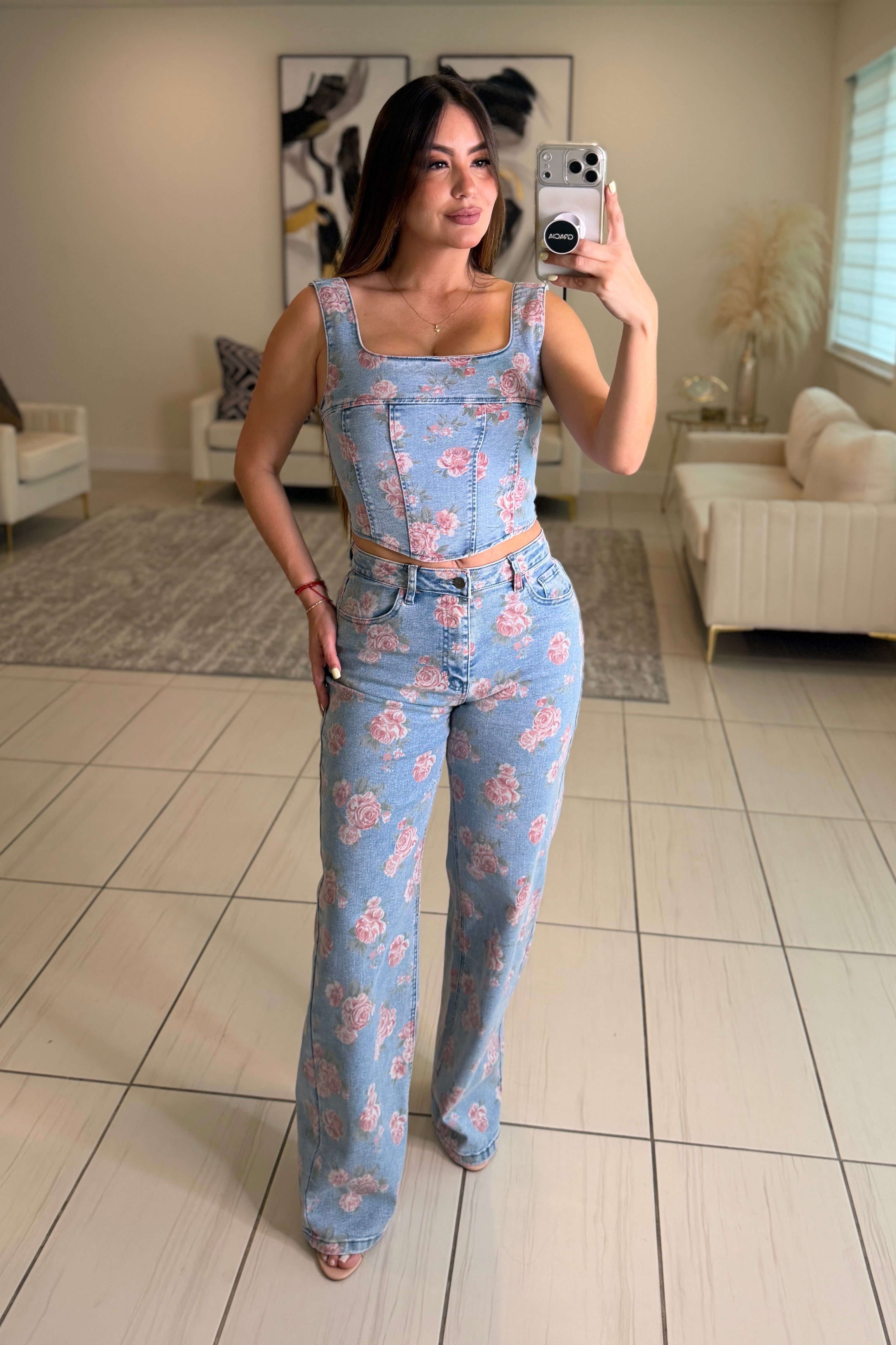 Pink Blossom Denim Pant Set