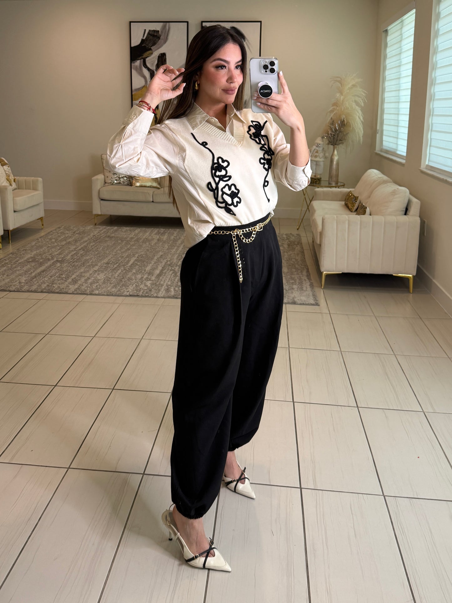 Parisian Stroll Beige Long-Sleeved Top